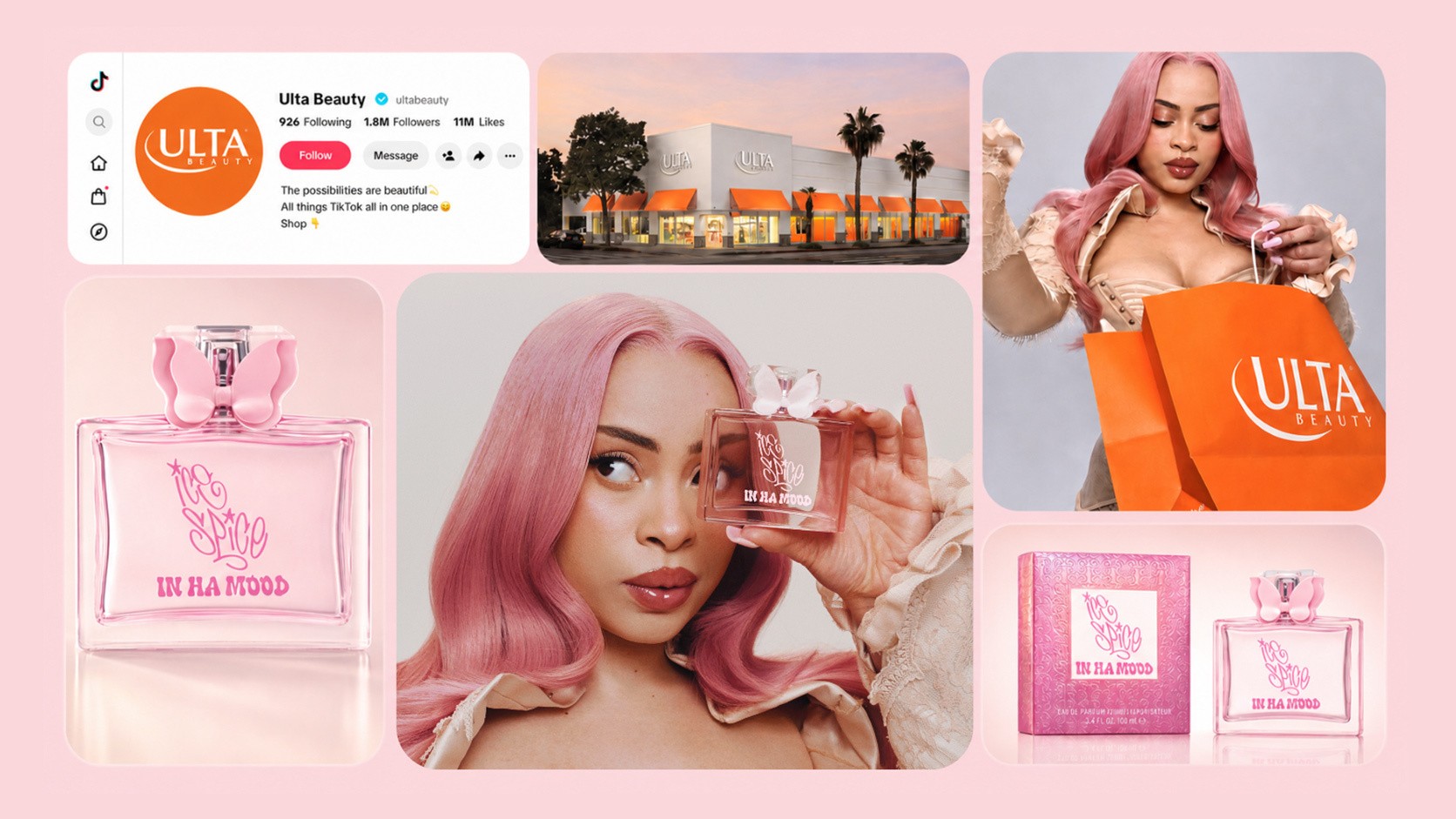 Collage of Ulta Beauty's TikTok Shop campaign with Ice Spice and her debut fragrance