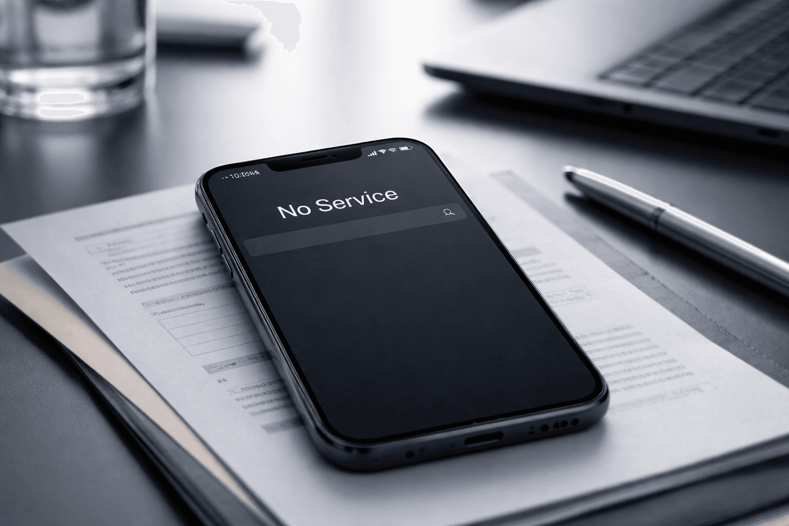 Mobile phone on desk displaying "No servide" message