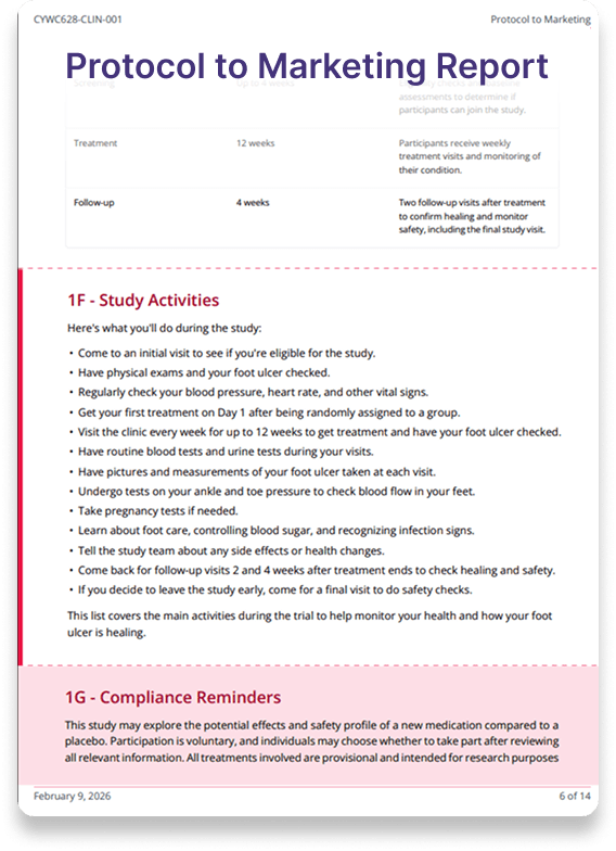Example Protocol to Marketing Report generated from clinical trial protocol to marketing report