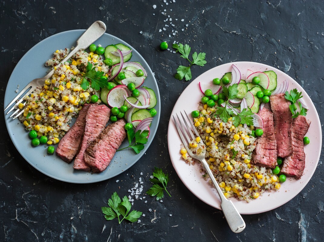 lean beef with quinoa and salad to eat alongside an Epsom salt bath for inflammation and a weight loss program