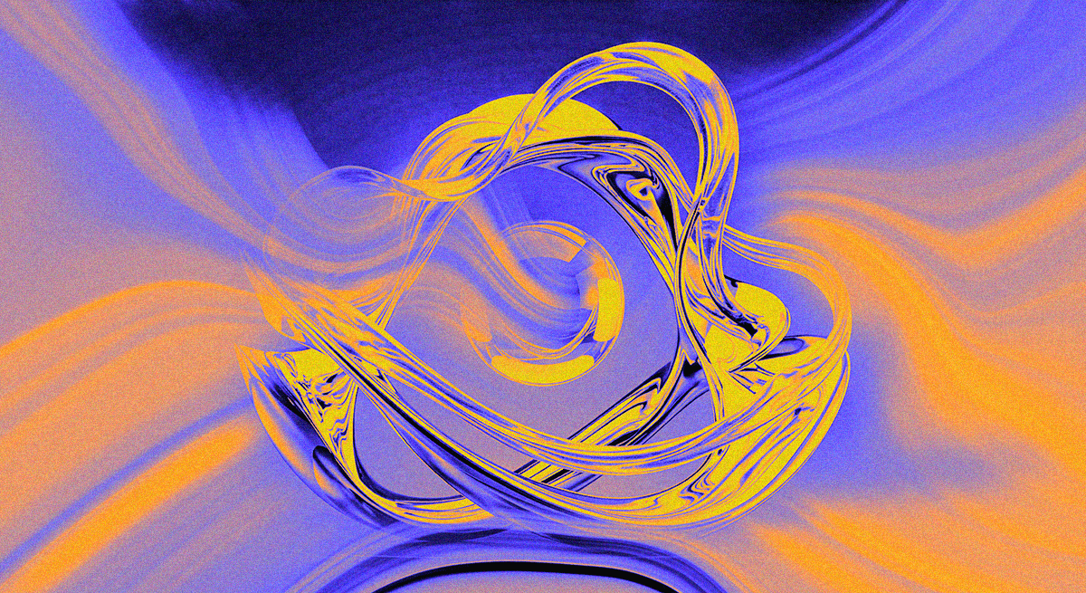 2026 trend, no text, Chrome metal abstract but visually pleasing, 3 different shapes with gravitationally impossible liquid flow, glass sphere suspended in central void, mirror-polished texture under three-point studio lighting creating complex reflections, centered composition against gradient background, product visualization style, 8K rendering with ray-traced reflections, with gradient blue and orange effect, liquified, and added some noise for texture. 