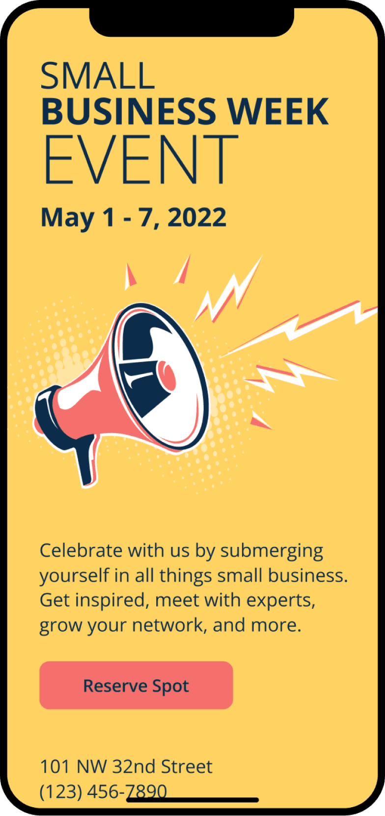 Mobile mockup on an email template design for a small business week event.