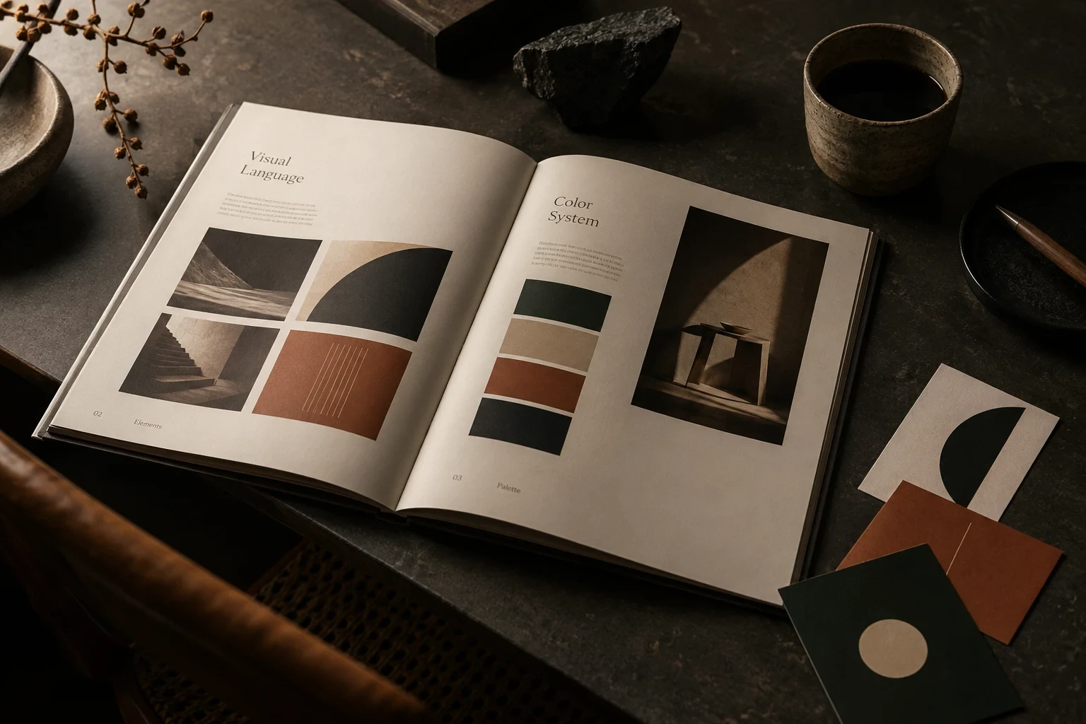 An open original brand guidelines book with abstract geometric examples and a small set of printed identity cards, no real logos