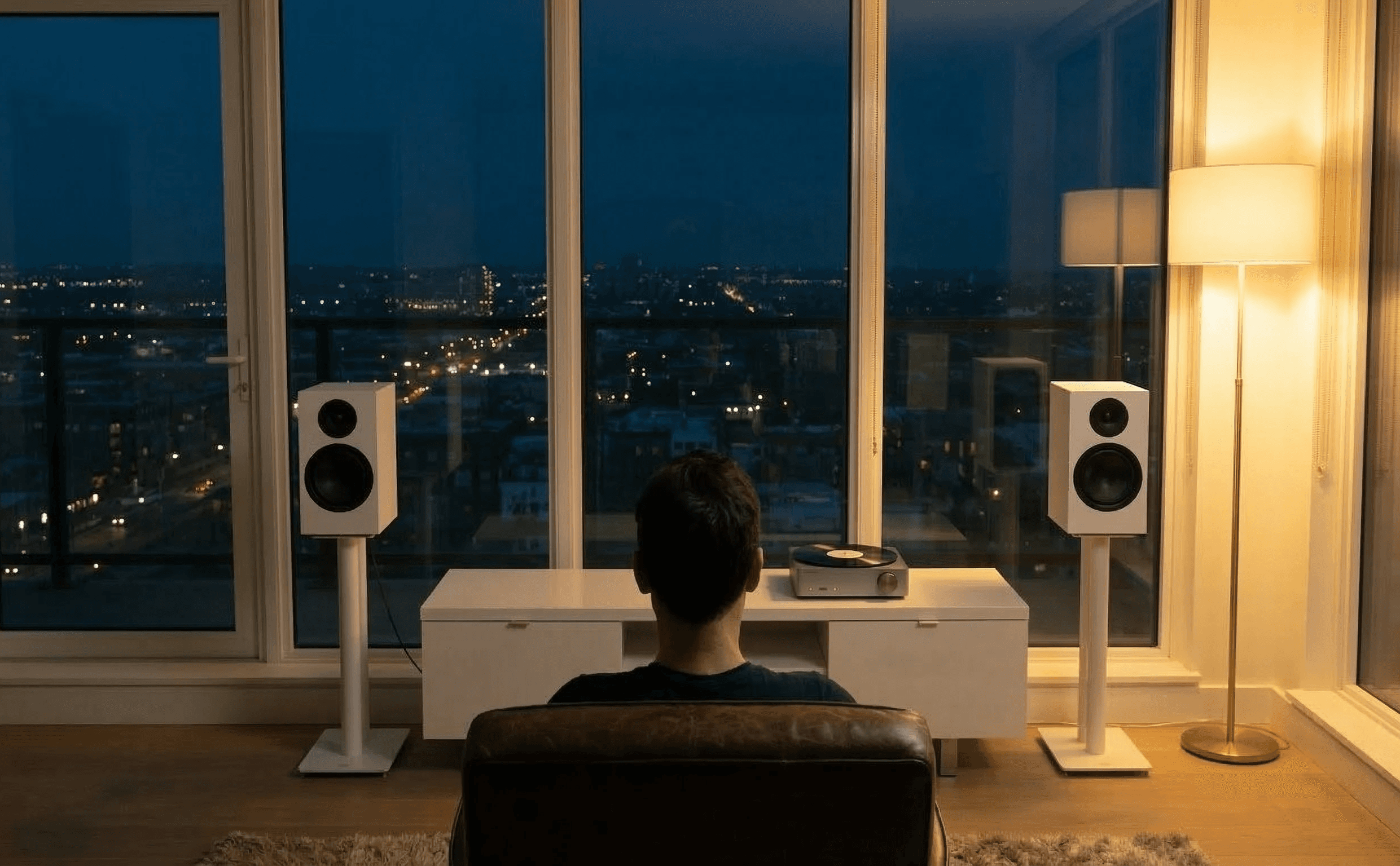 Man sitting in front of his speakers with city view in background