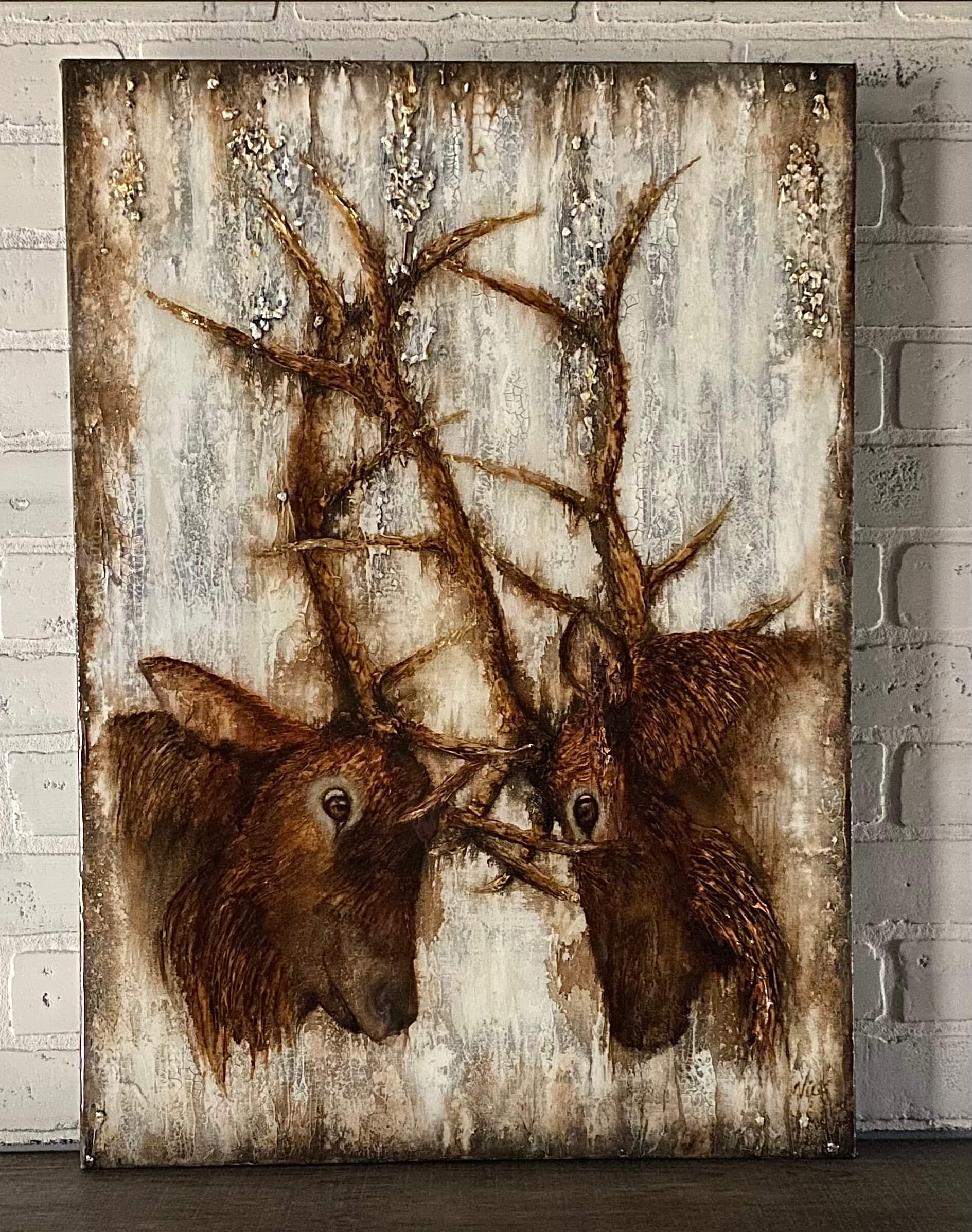 Duel une toile qui met en scène 2 wapiti