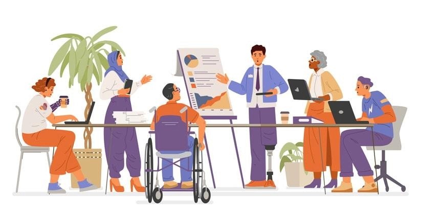 A visual representation of an inclusive workplace culture, featuring employees from diverse backgrounds collaborating.