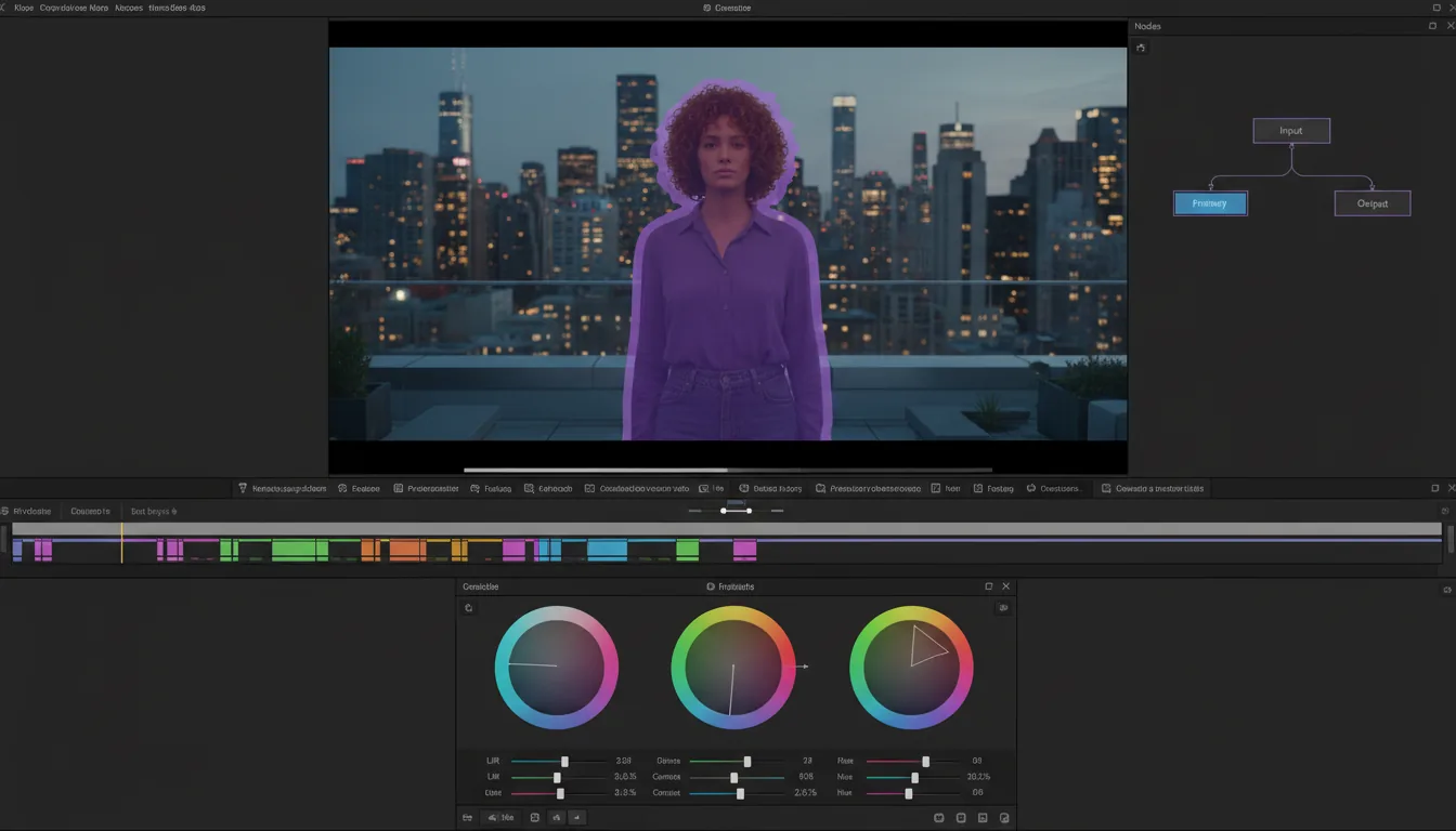 A professional color grading software interface, DaVinci Resolve, in Modern Dark Mode. The screen is divided into several panels: a large central video preview showing a woman with reddish hair against a city skyline, highlighted with a bright purple overlay mask; a node editor on the right with a simple graph; a video timeline below the preview; and a complex control panel at the bottom featuring three prominent, glowing RGB color wheels, sliders, and abstracted UI elements with numerical data.