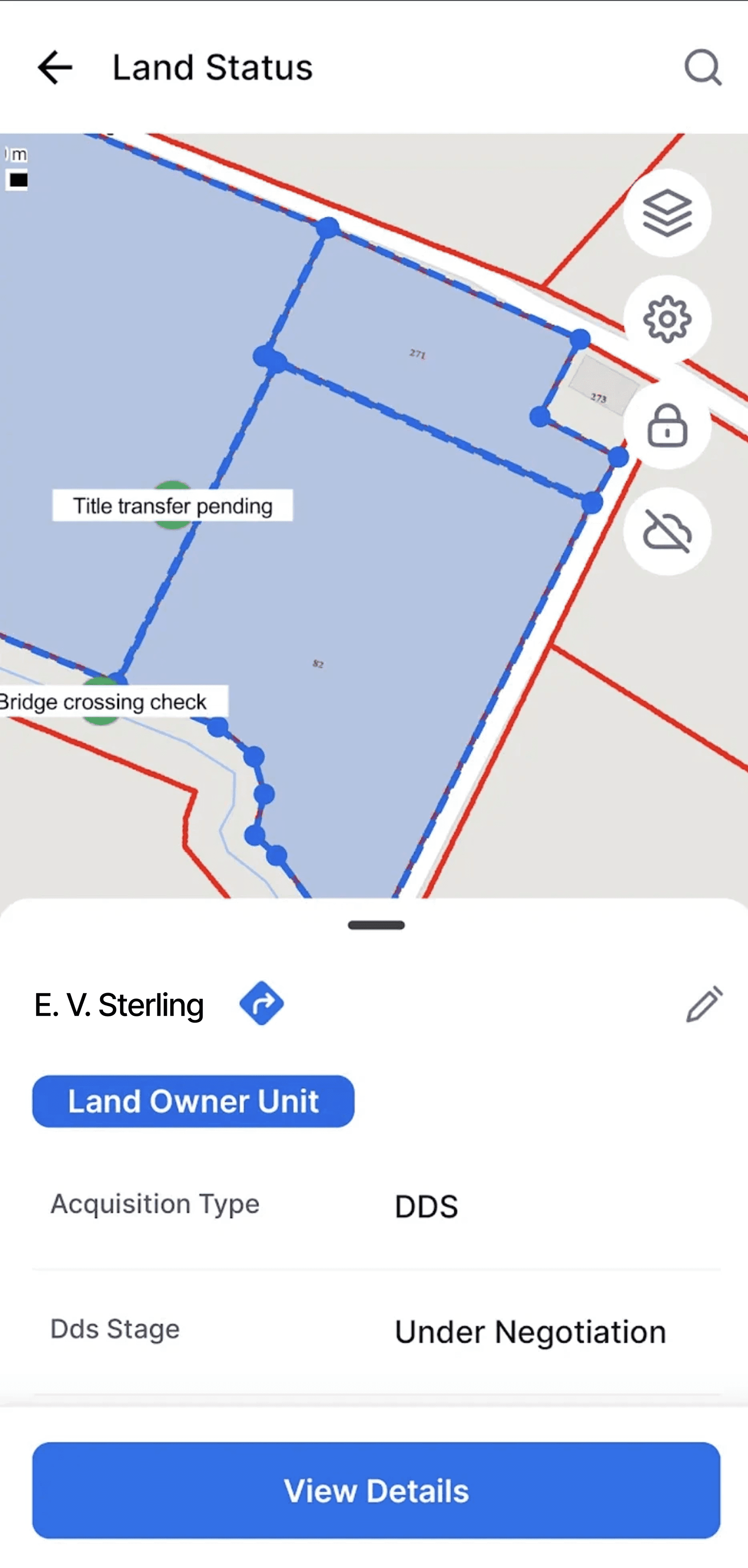 Map view showing highlighted areas with coordinates and options for distance measurement at the bottom.