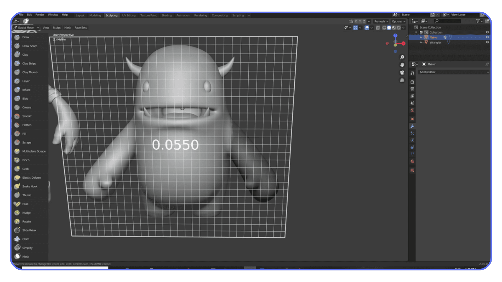 Sculpt mode in Blender showing a character model with brush radius and strength overlay