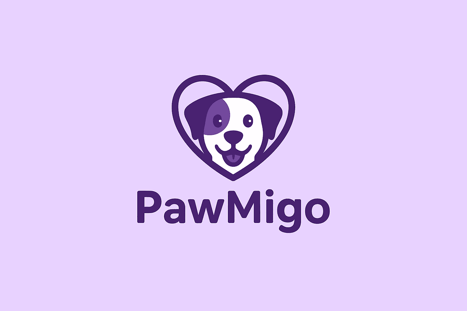 PawMigo app logo which features a happy cartoon dog's face in a heart and the text "PawMigo"