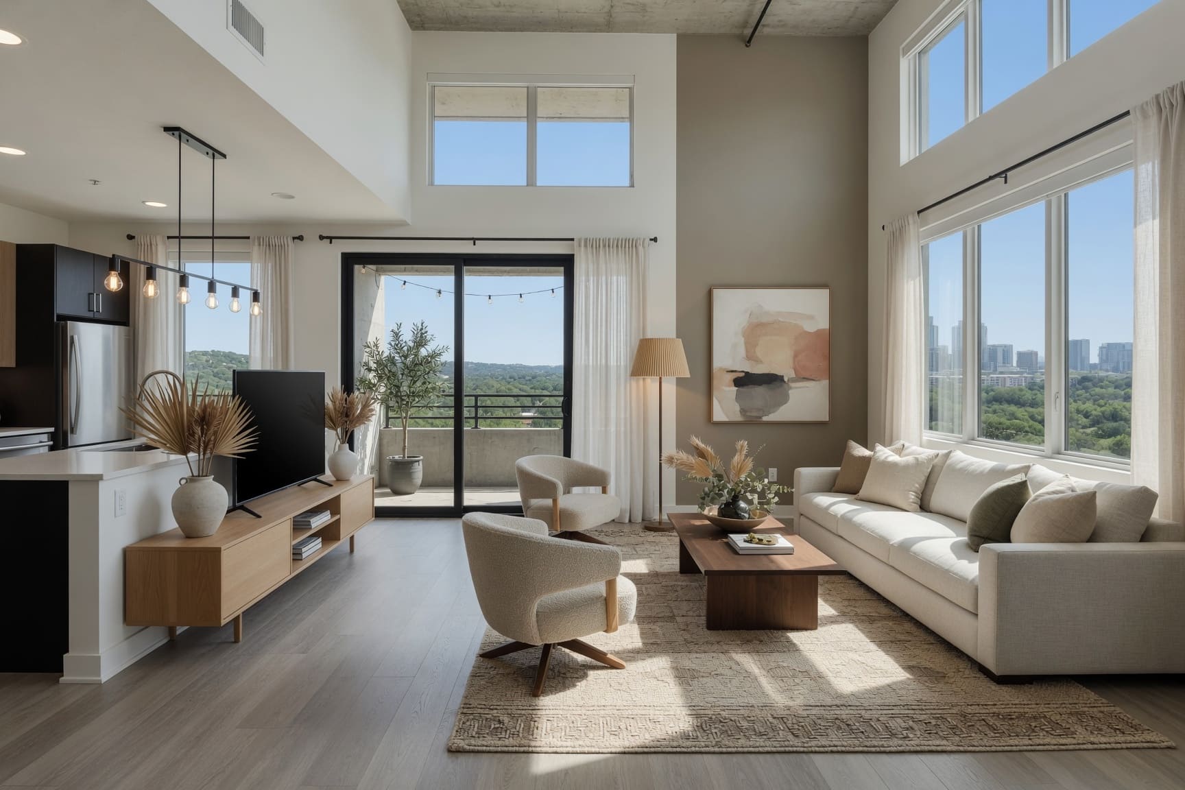 Bright living room with high ceilings and floor-to-ceiling windows