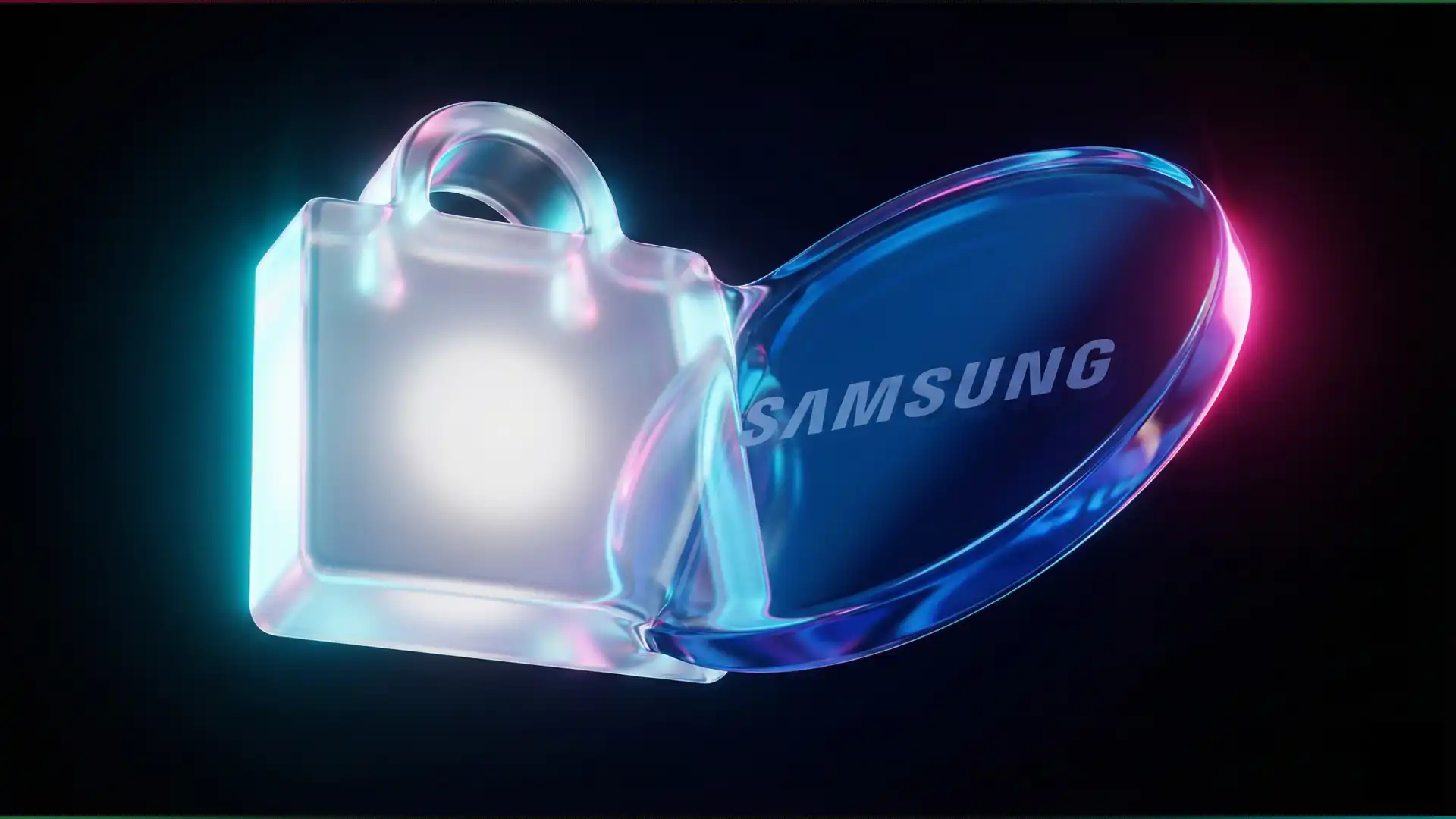 Futuristic glass art symbolizing the merger of Samsung hardware and TikTok Shop's digital commerce platform.