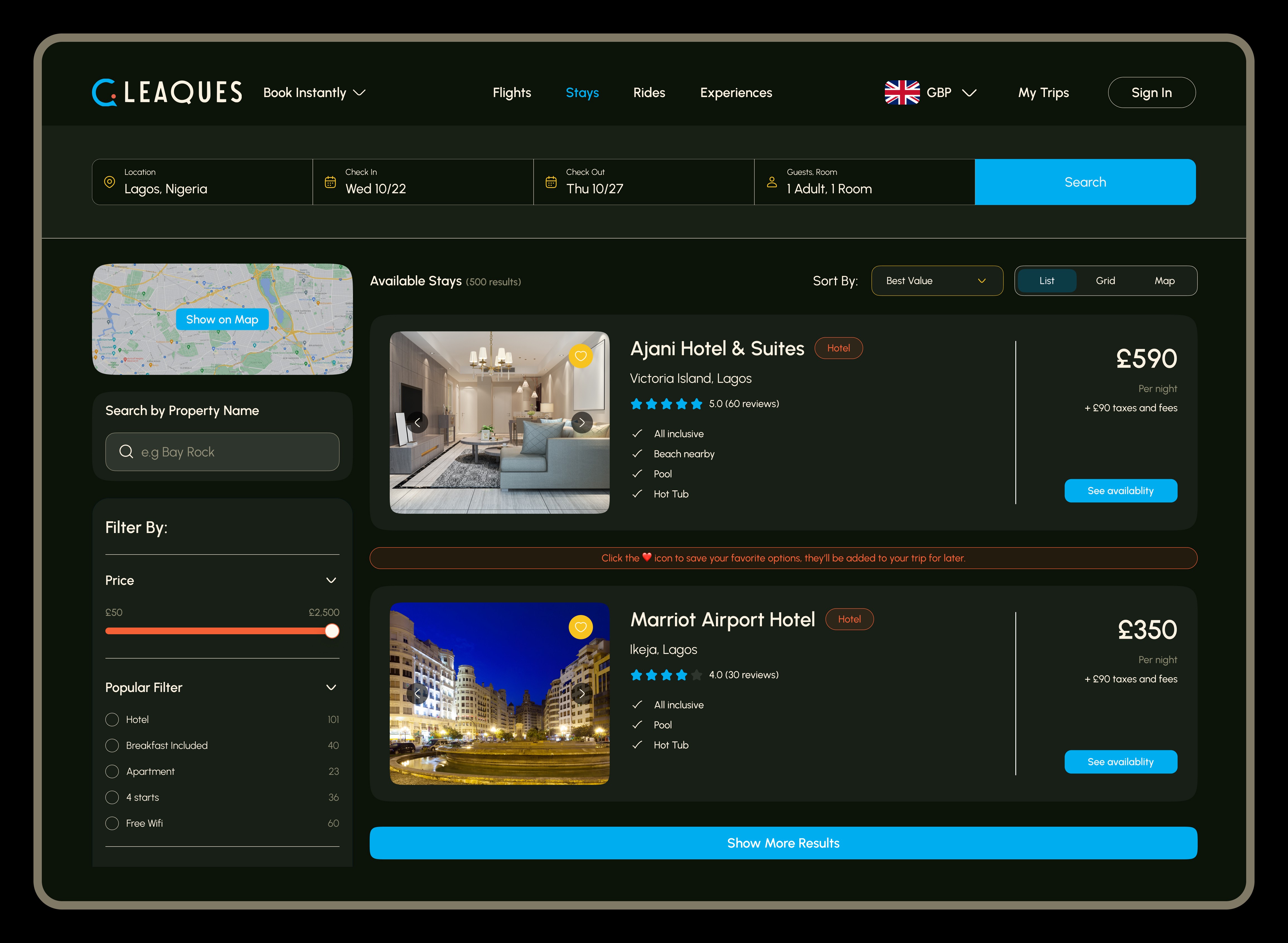 Book instantly stay result page