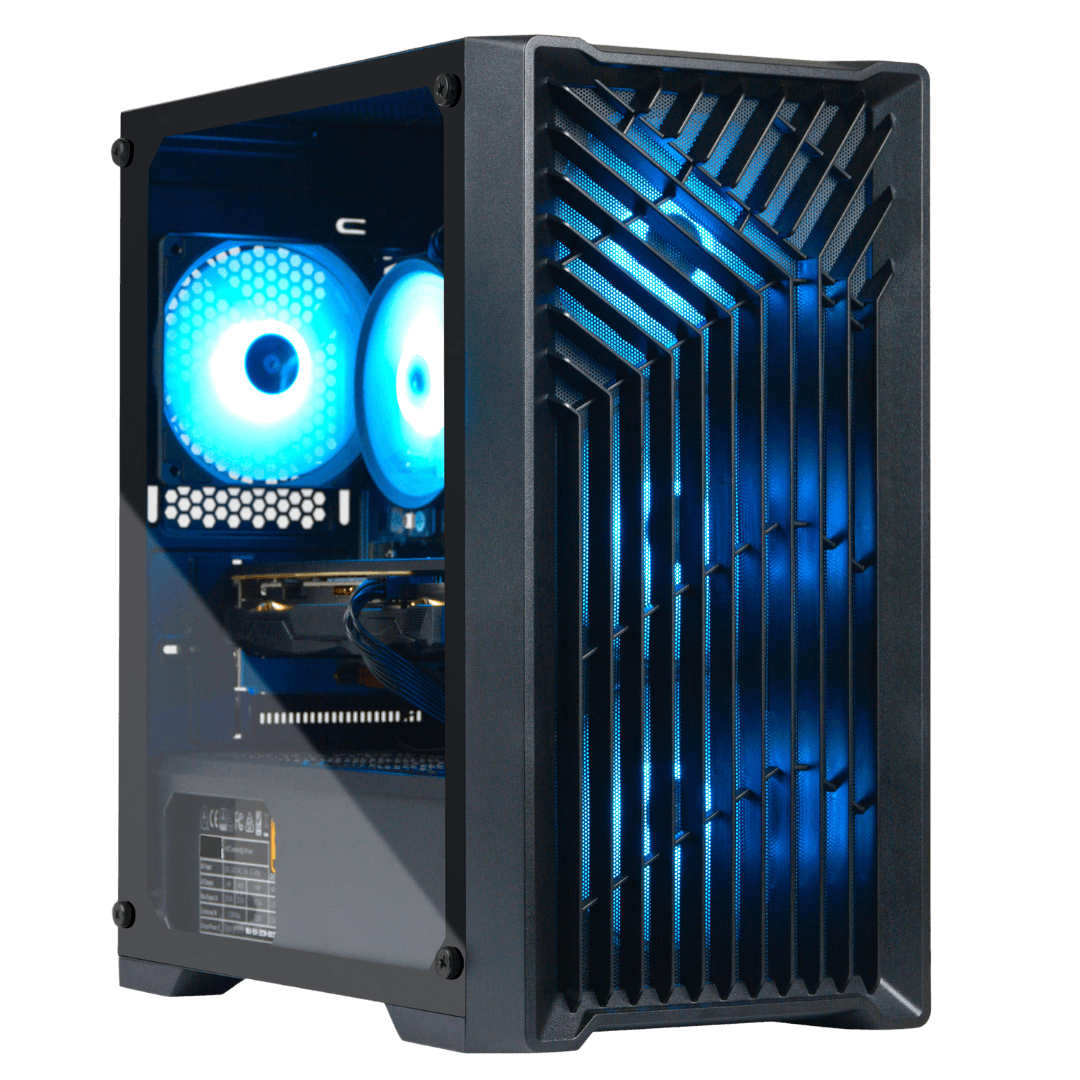 Minimalist black gaming PC case with a side panel removed, showcasing the internal components including a white cooling fan, GPU, and compact layout. Ideal for high-performance gaming setups in 2023, perfect for gamers seeking sleek and functional designs.