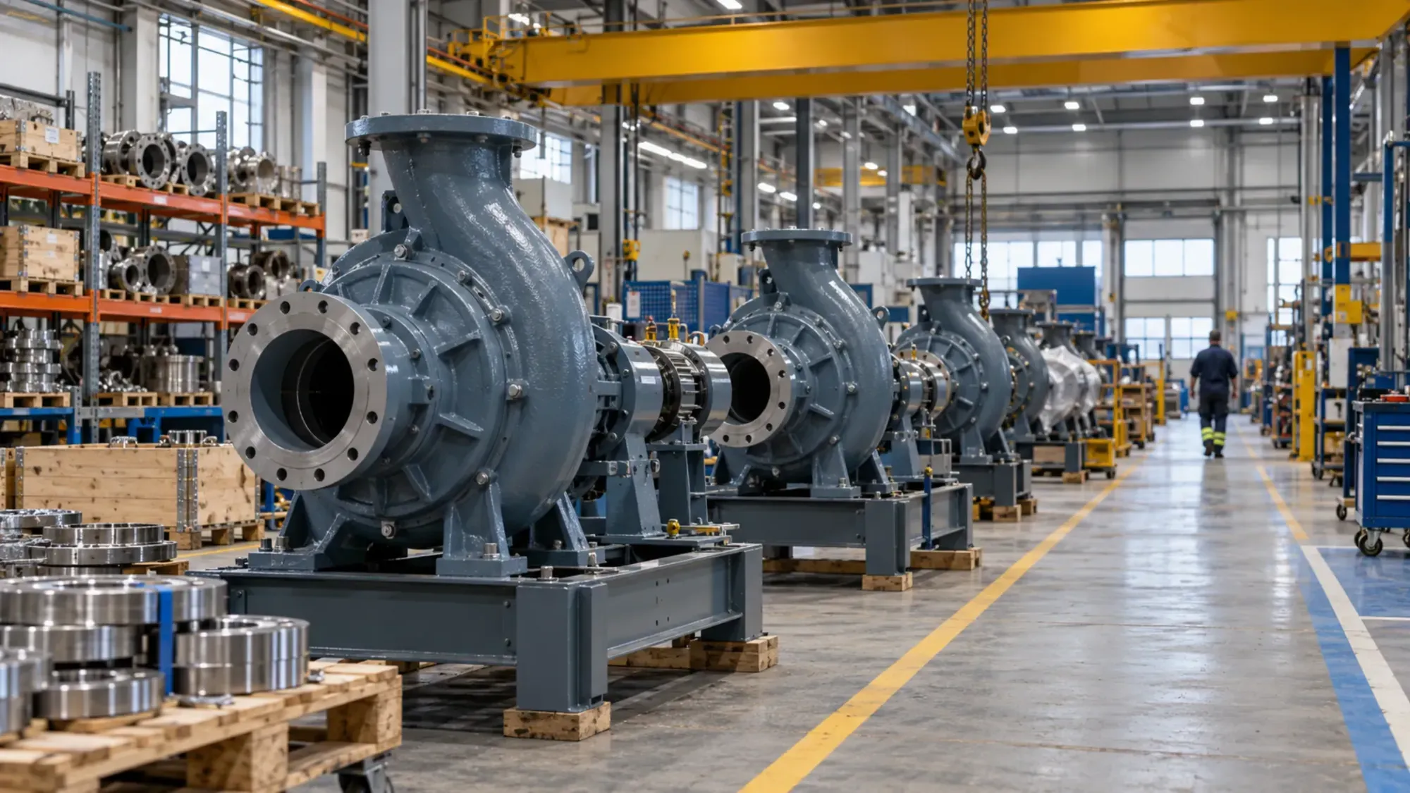 A row of grey-blue centrifugal pumps on steel stands in an assembly hall, under a yellow gantry crane