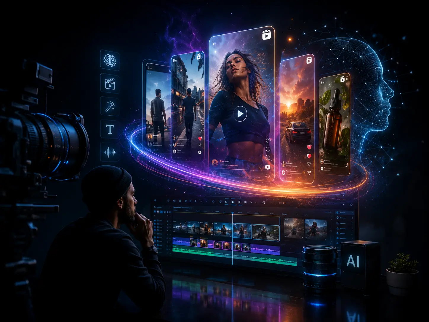 AI video production and content creation scene with cinematic reels, editing tools and social media visuals