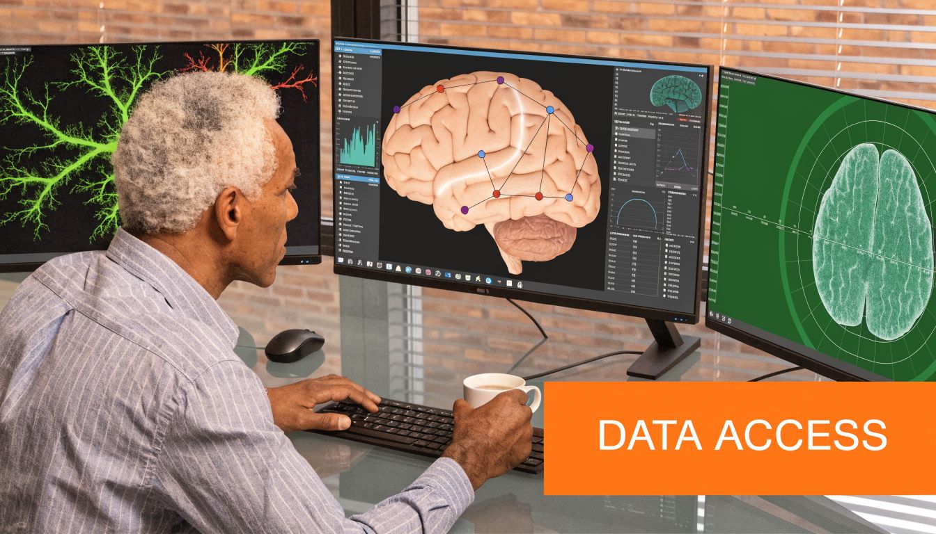 A researcher studies brain imaging data on multiple computer monitors in a professional laboratory setting.