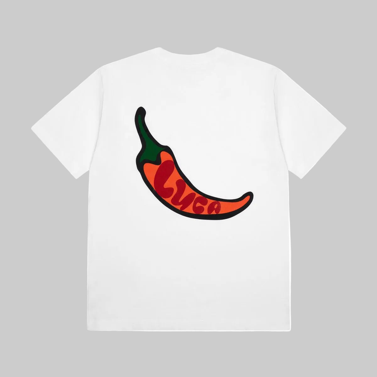 Heavyweight-organic-cotton-LUCA-t-shirt-with-a-large-bold-chili- artwork-print-on-the-back-featuring- a-clean-unisex