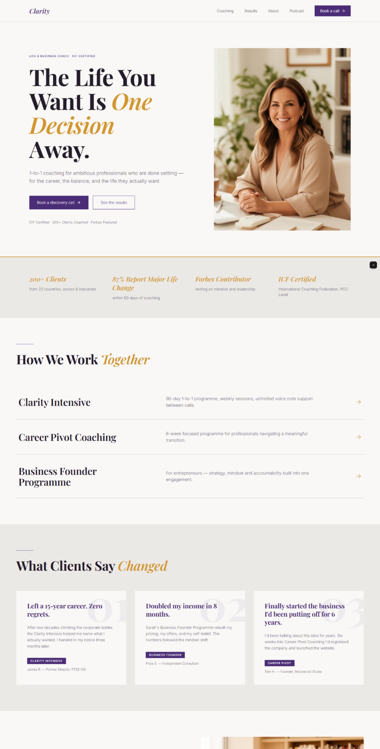 Life coach website prompt — warm plum and gold life and business coach website design preview