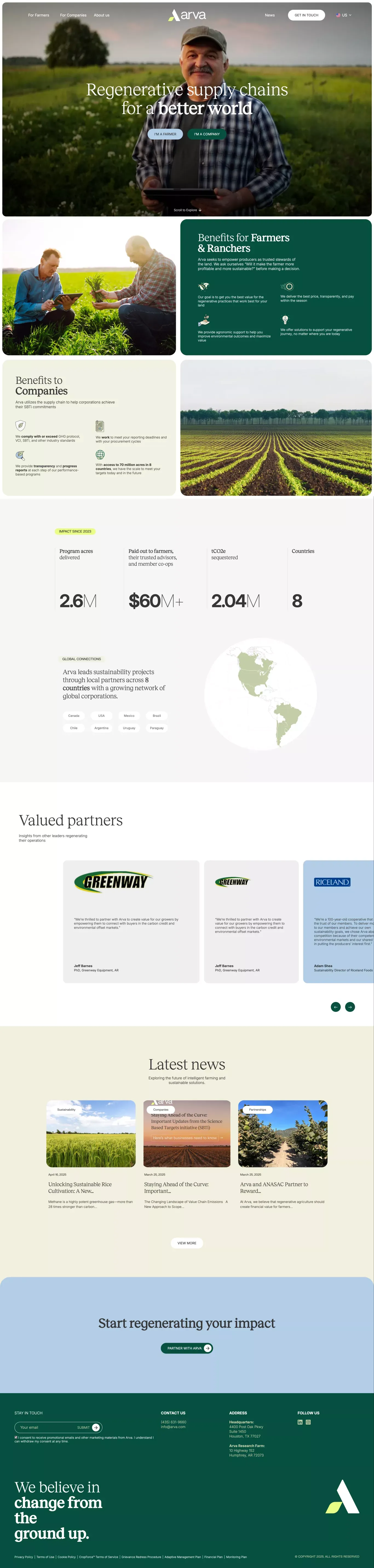 Arva landing page screenshot showcasing Nature design