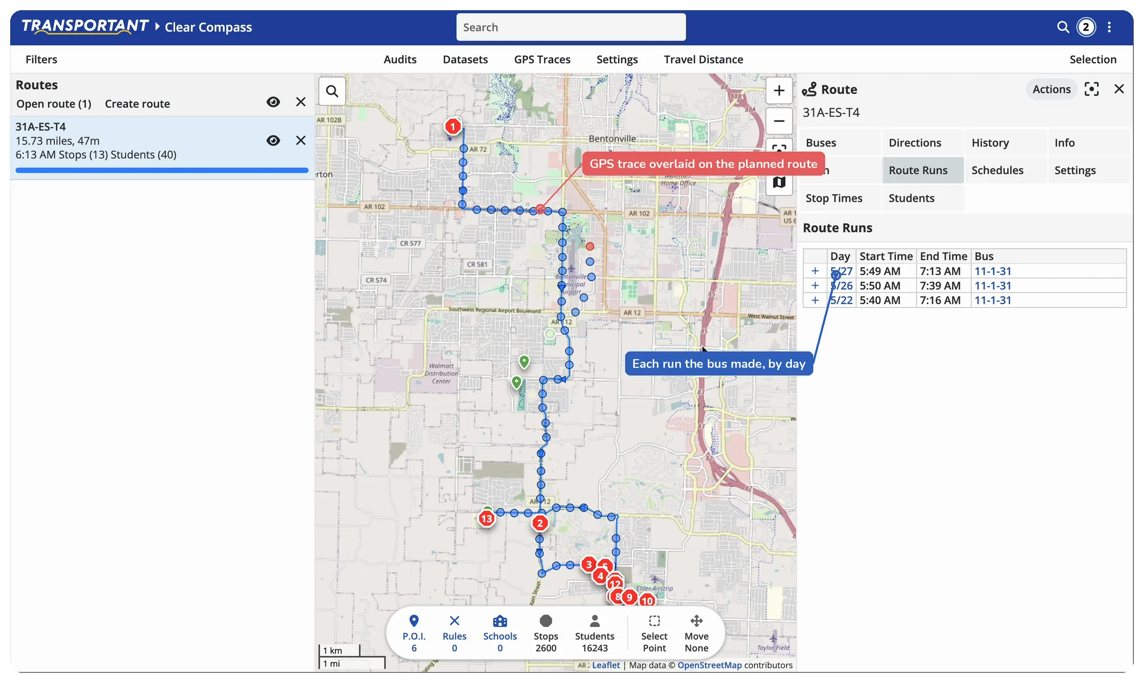 Planned route with the recorded GPS trace overlaid on the map