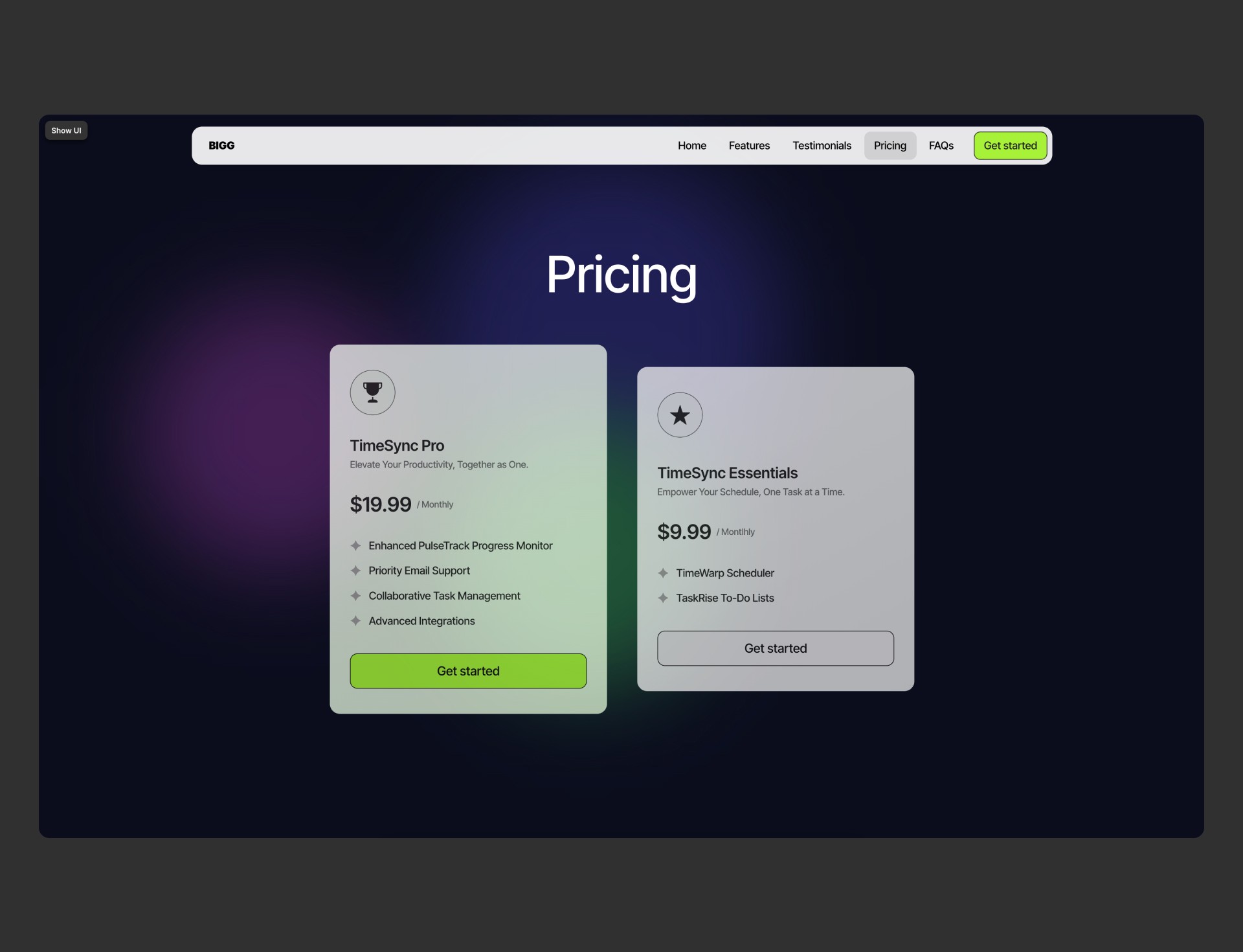 BIGG pricing page screenshot