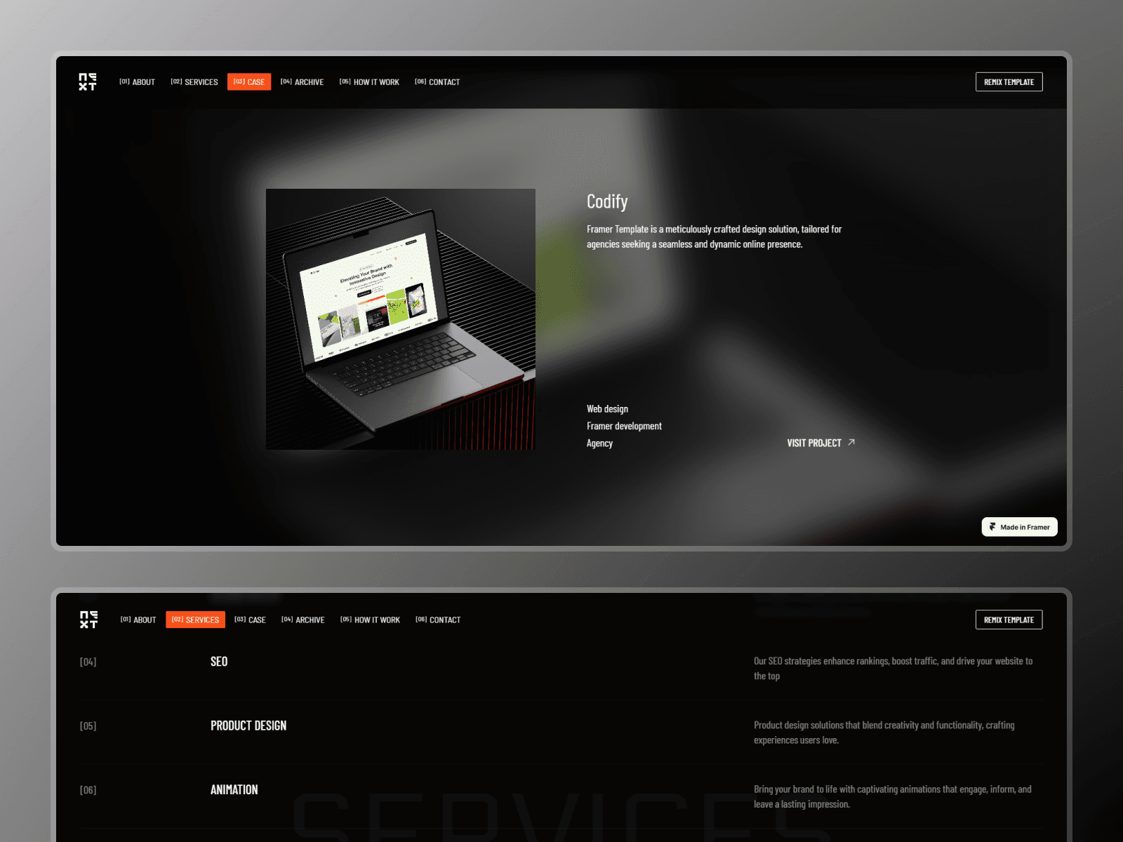Nexto services section with bold orange background and motion design offerings