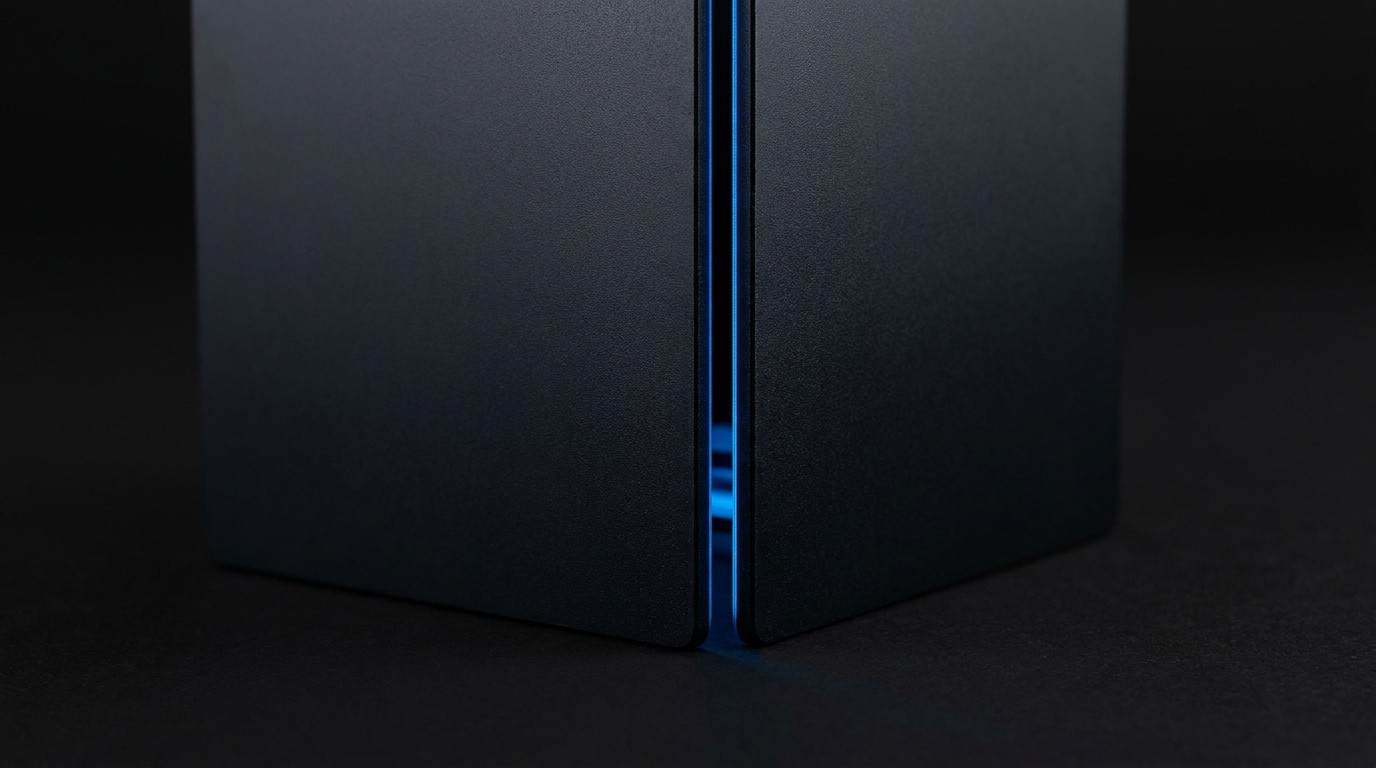 A dark metal slab with its edge seam opened slightly, revealing a thin line of blue light inside