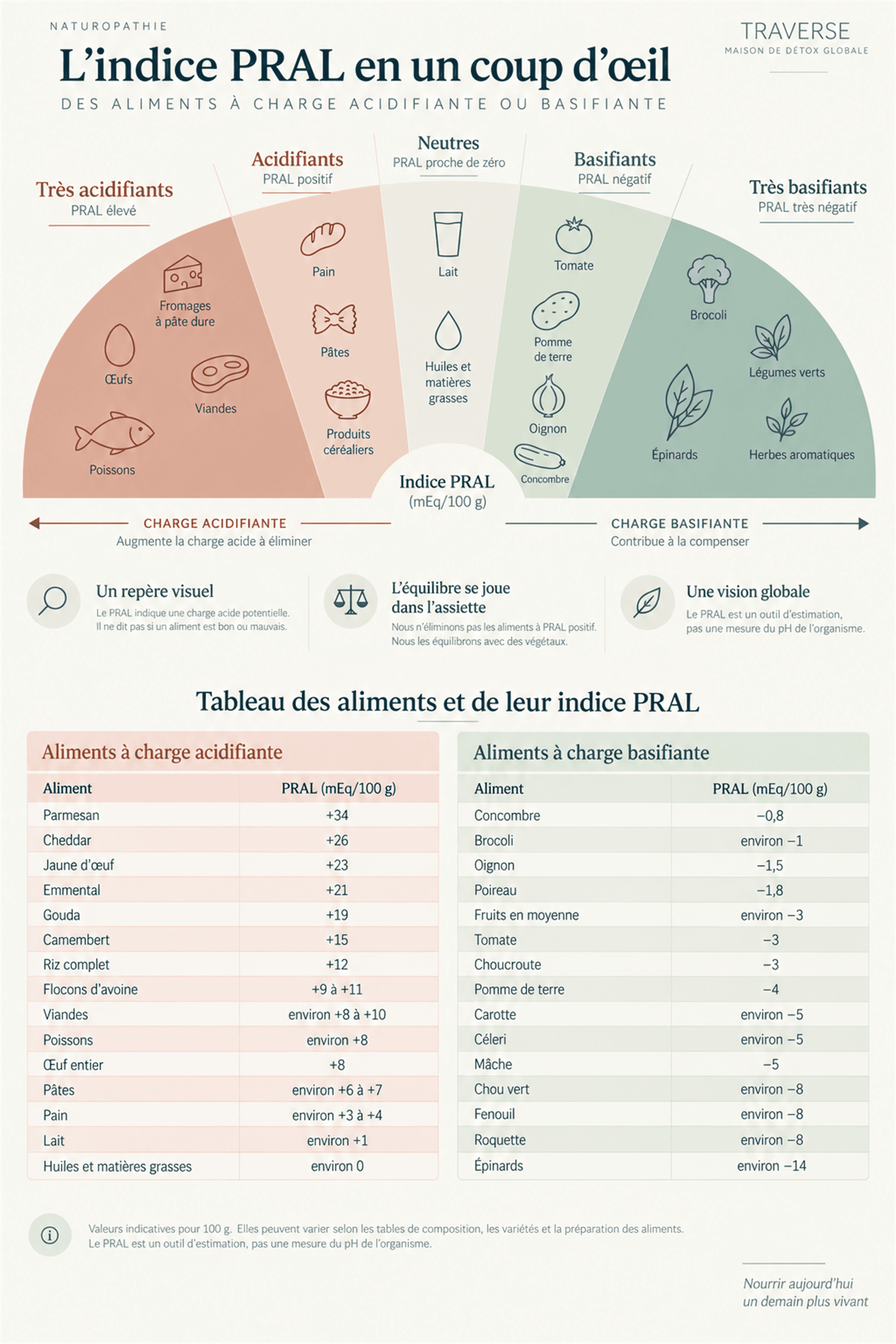 Graphique en éventail de l'indice PRAL classant les aliments de très acidifiants à très basifiants (fromages, œufs, viandes et poissons du côté acidifiant ; brocolis, épinards, légumes verts et herbes aromatiques du côté basifiant), avec un tableau détaillant l'indice PRAL en mEq/100 g pour chaque aliment.
