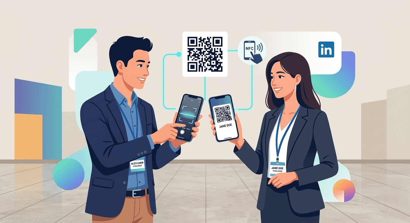 Digital business card exchange using a QR code between two professionals at a networking event.