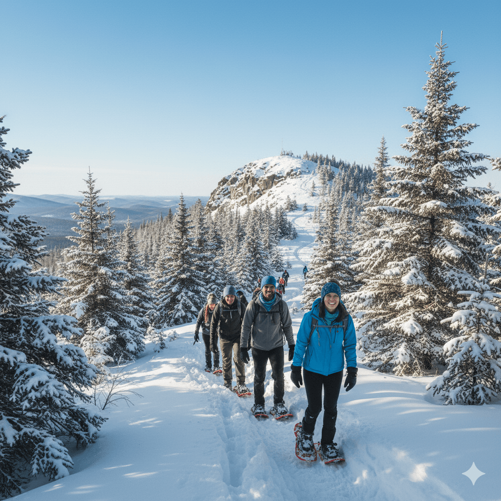 Groupe en randonnée en raquettes sur un sentier enneigé en montagne, entouré de sapins.