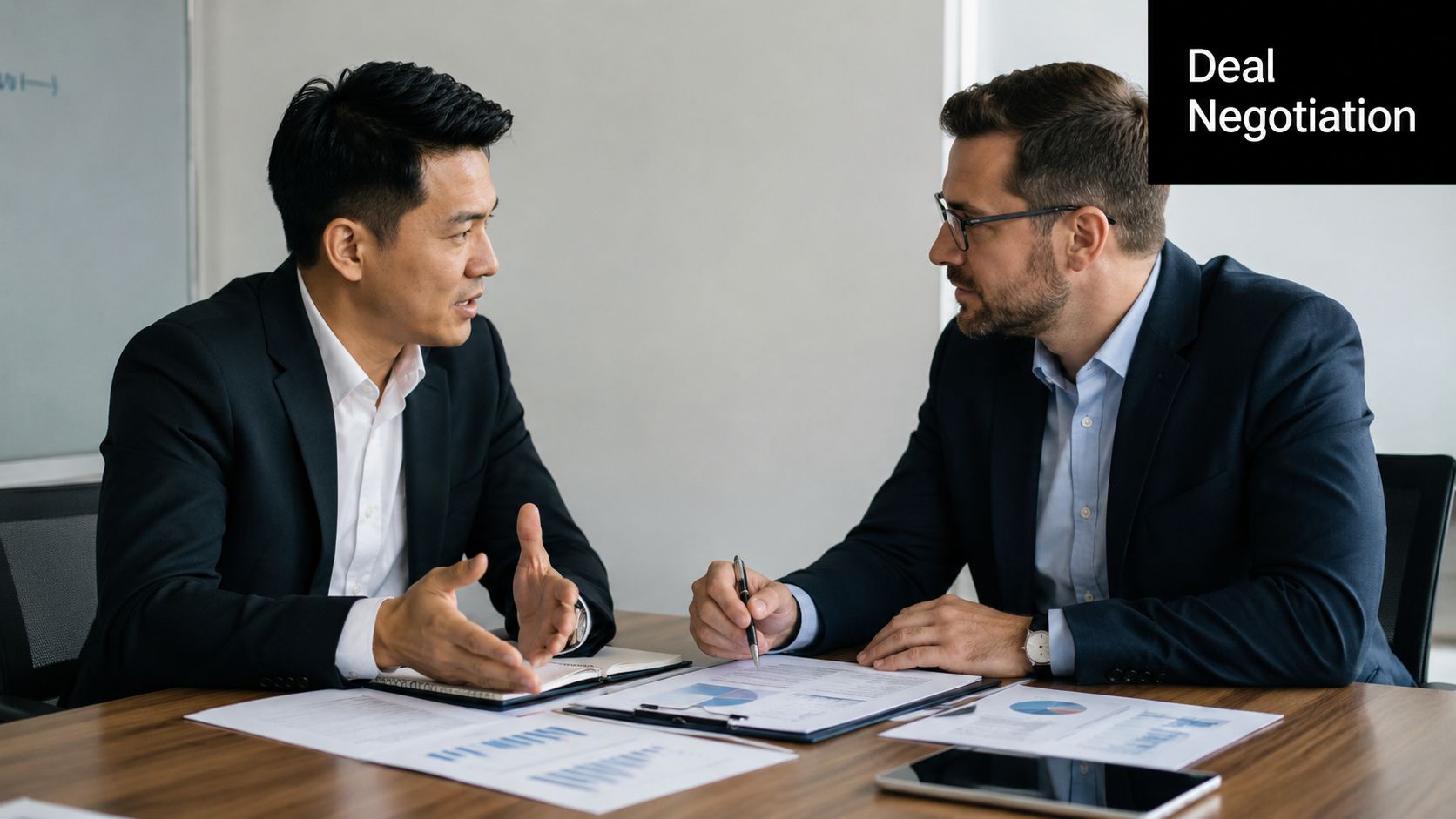 Two business professionals having a professional conversation while reviewing financial documents during a strategic meeting.