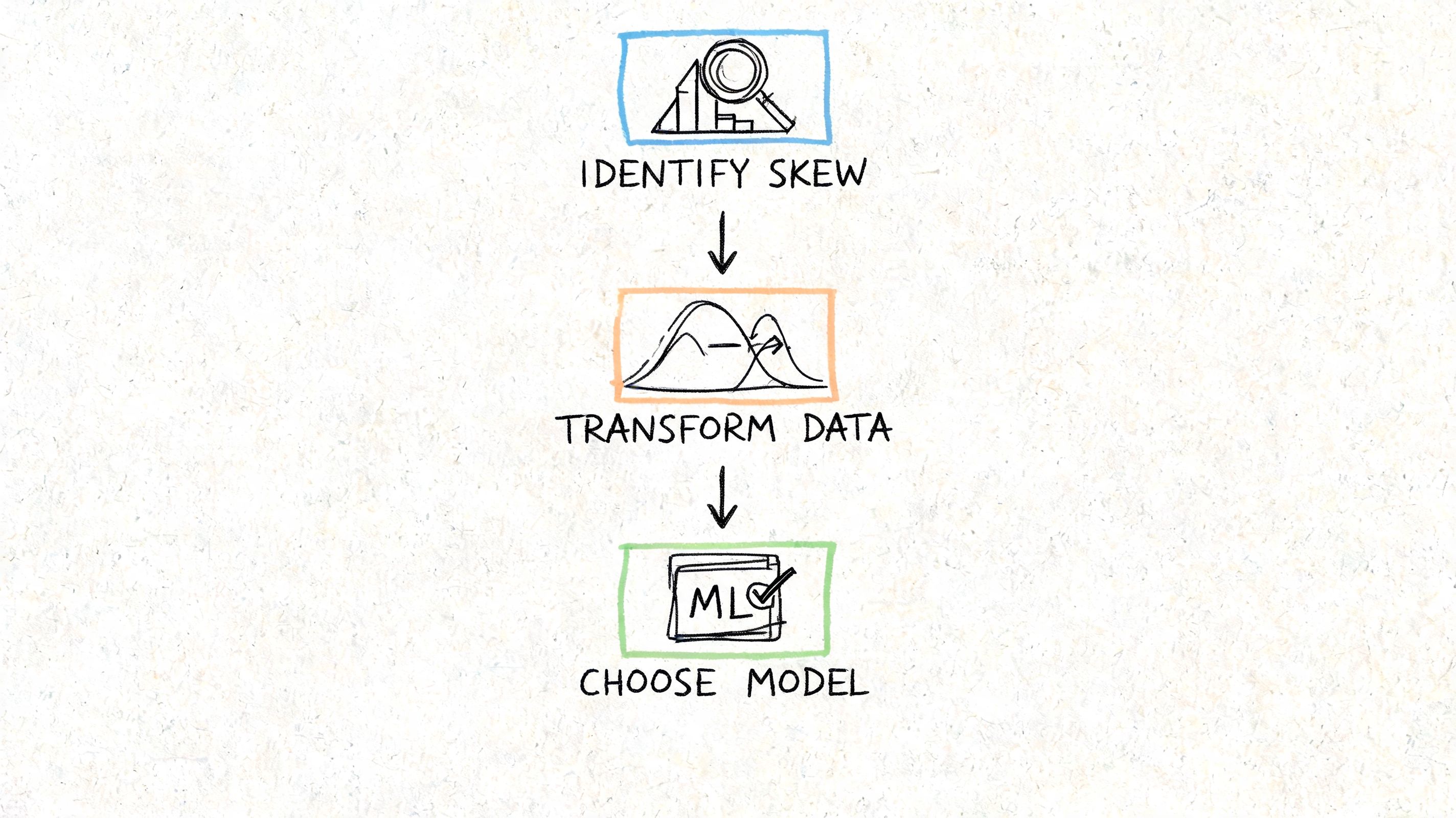 A diagram illustrating the machine learning process of identifying data skew, transforming the data, and selecting a model.