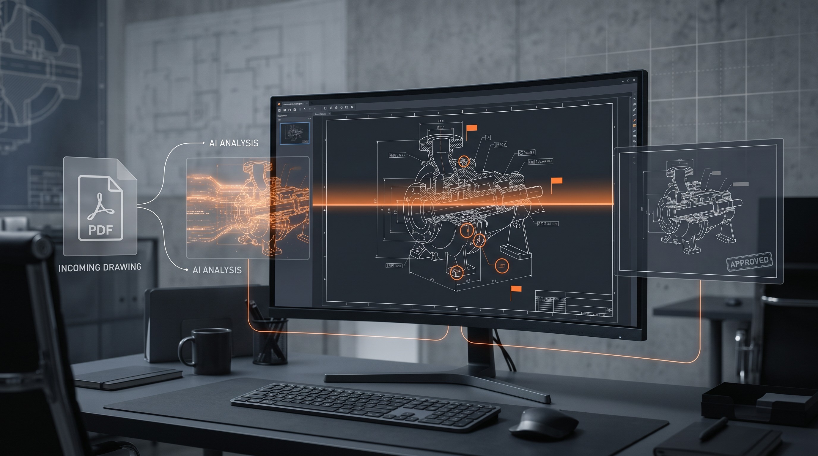 Automated engineering drawing review workflow showing AI analyzing CAD drawings, detecting GD&T errors, validating compliance, and approving final designs.