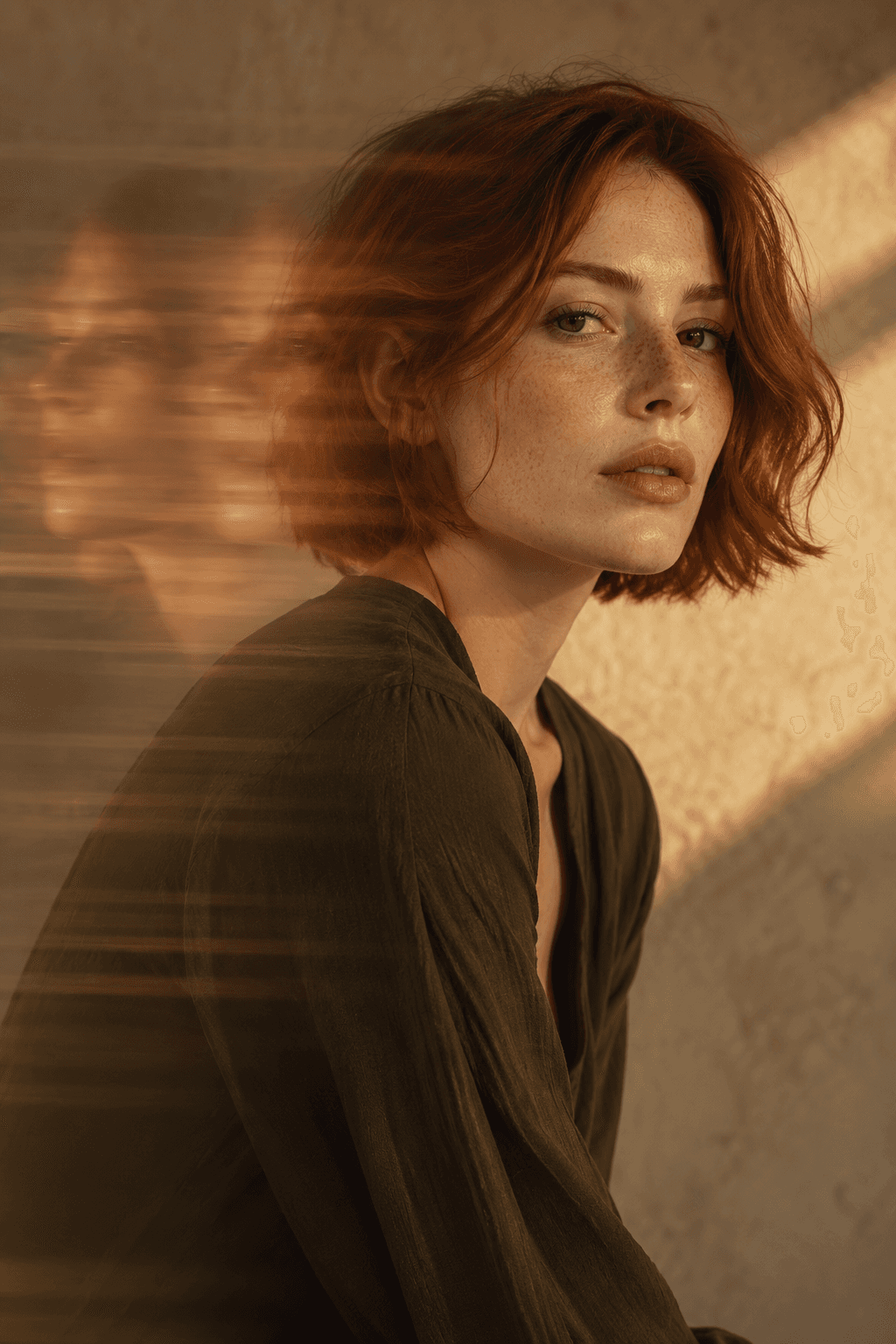 AI-generated editorial portrait with warm studio lighting and motion blur