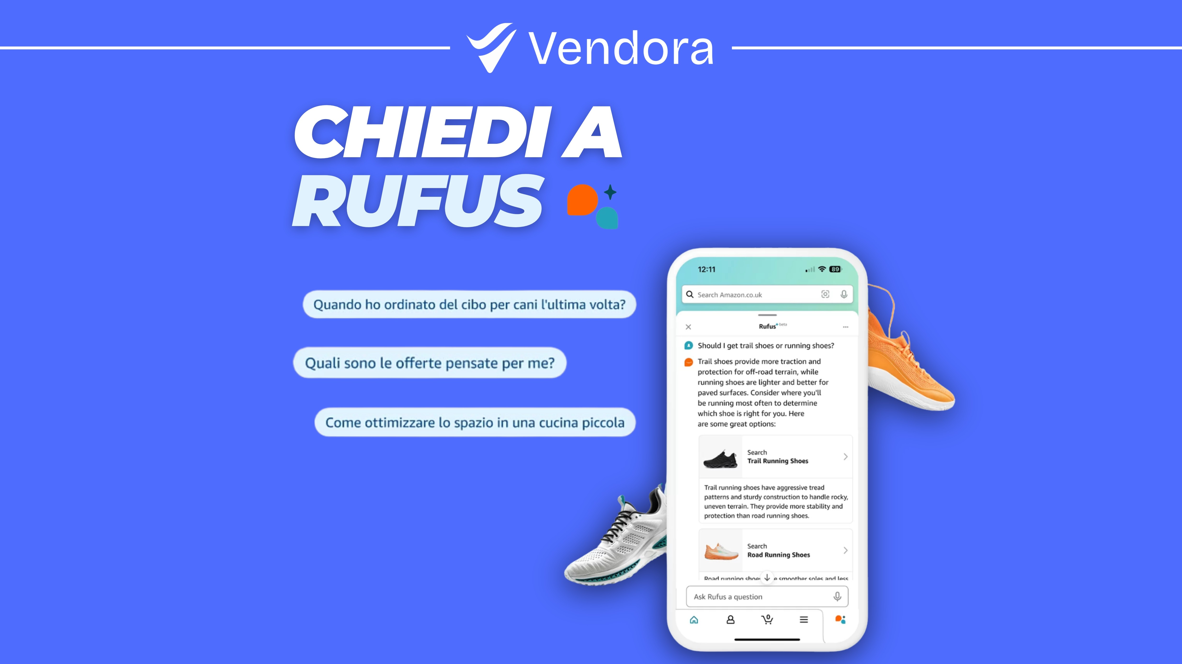 An Image with a blue background ask to rufus with an AI chatbot on mobile phone mockup