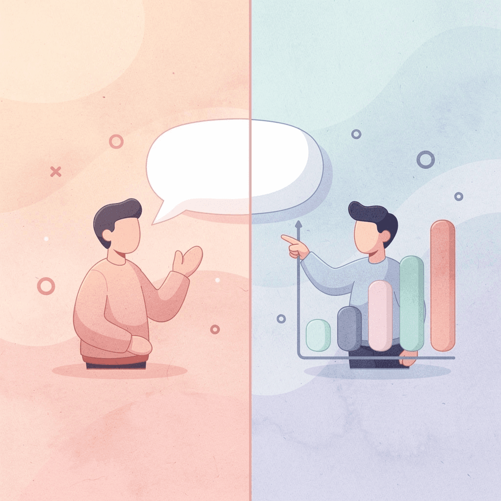 Split scene comparing textbook learning with real conversation practice