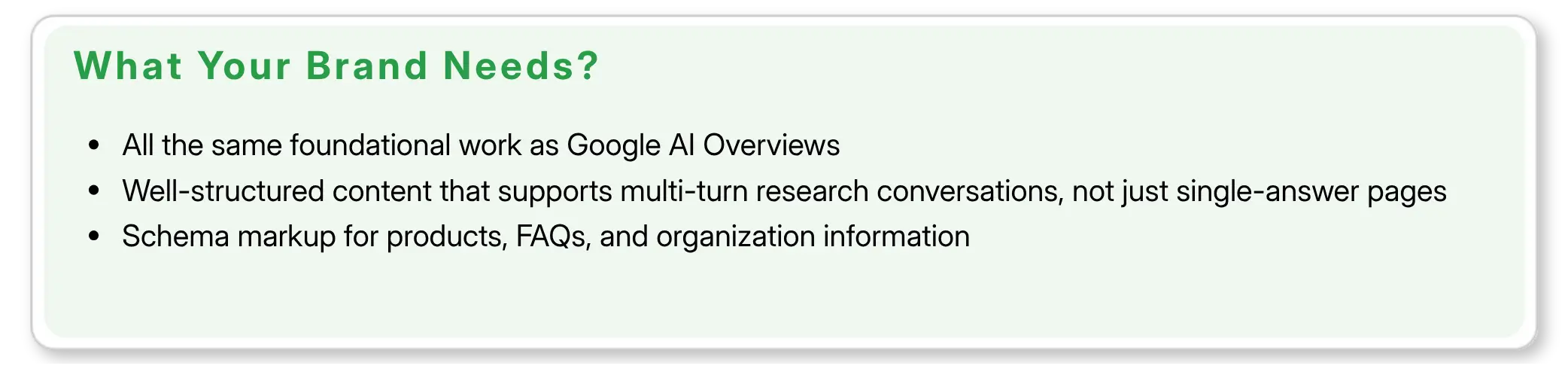 Essential brand requirements for AI Overviews, including well-structured content and comprehensive schema markup optimization.