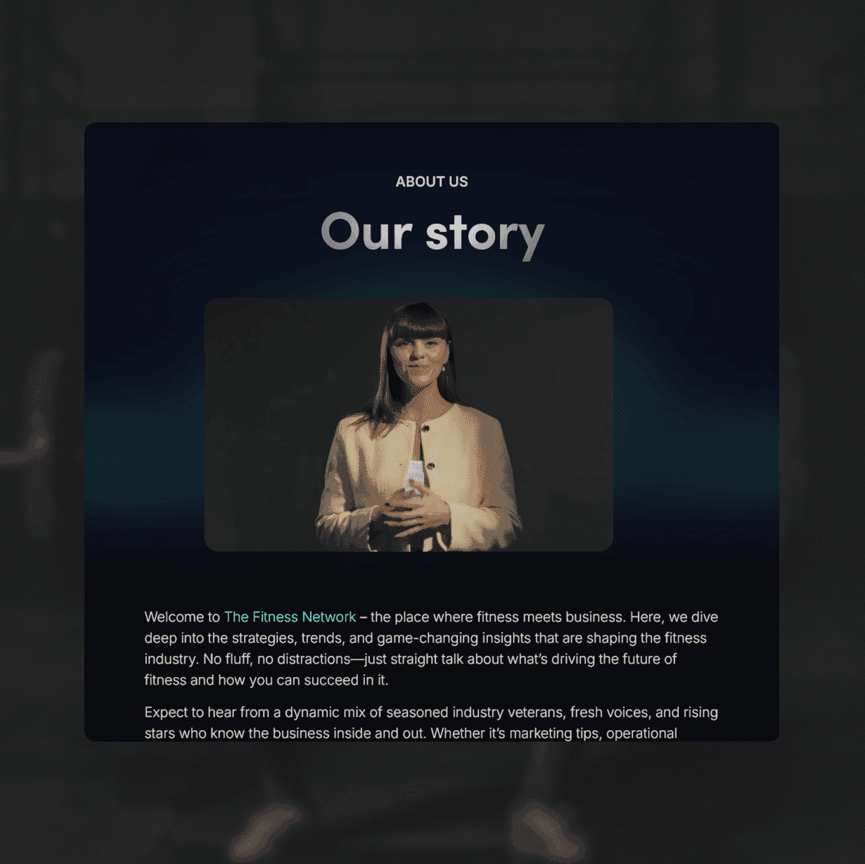 The Fitness Network redesigned "Our story" about page featuring a presenter photograph and brand introduction on a dark background