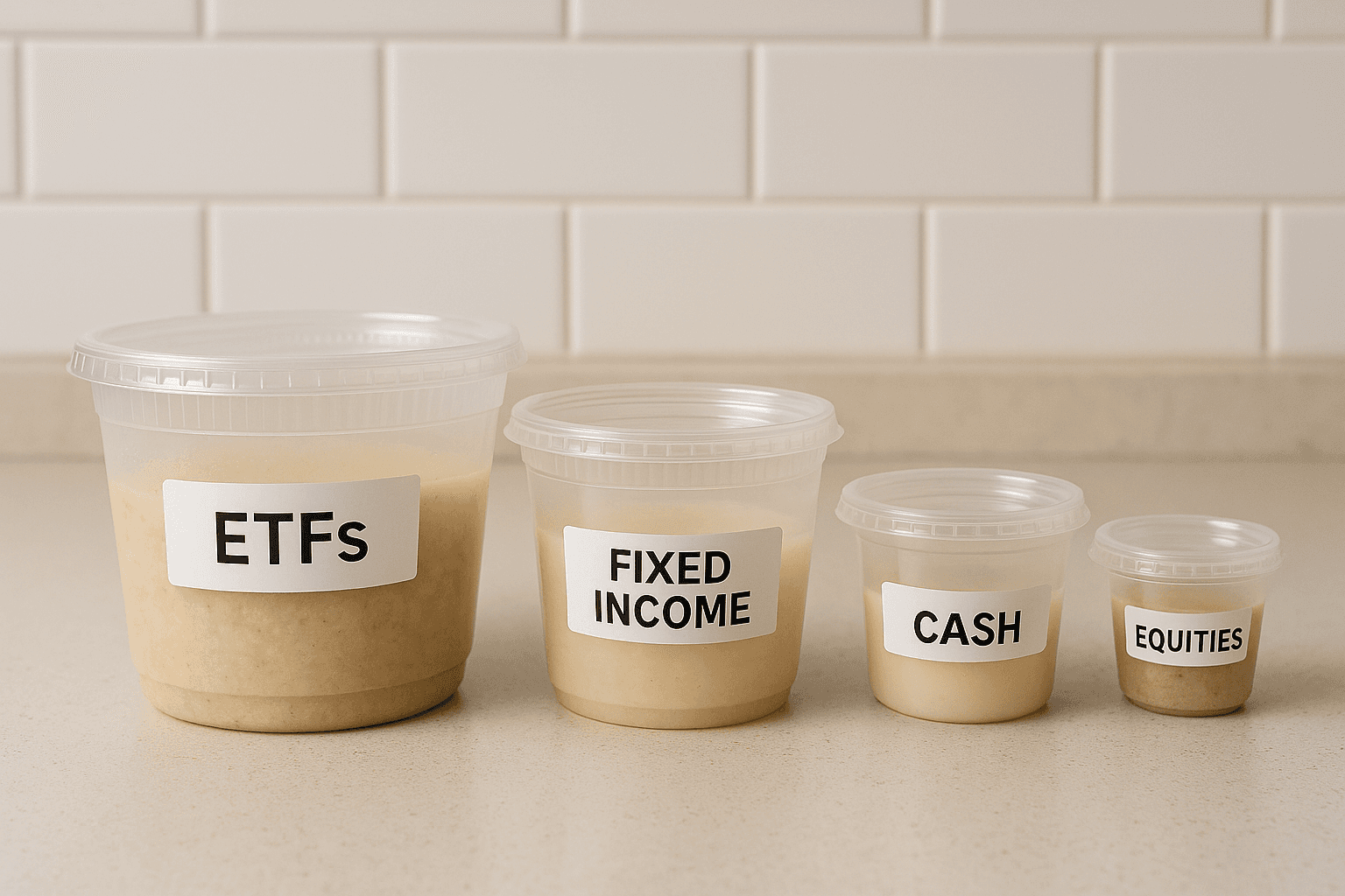 Containers labeled ETFs, Fixed Income, Cash, and Equities illustrating asset allocation in a model portfolio