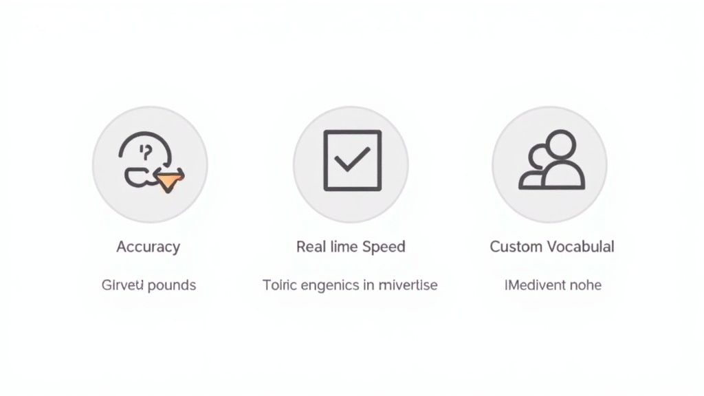 A magnifying glass hovering over software feature icons like a checkmark for accuracy, a stopwatch for speed, and a gear for customization.
