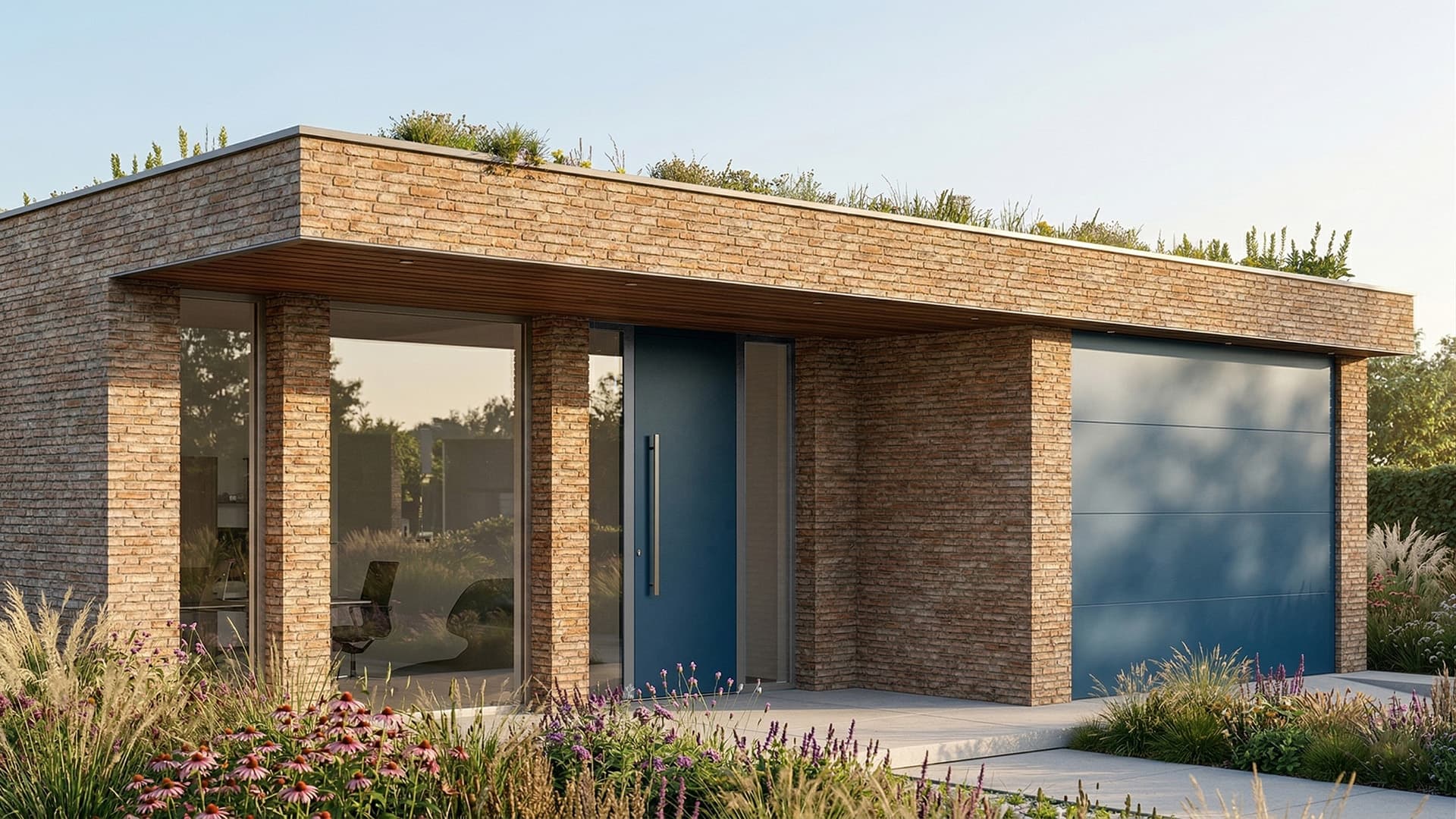 Entree van moderne villa in Alblasserdam met blauwe voordeur, garage en bakstenen gevel