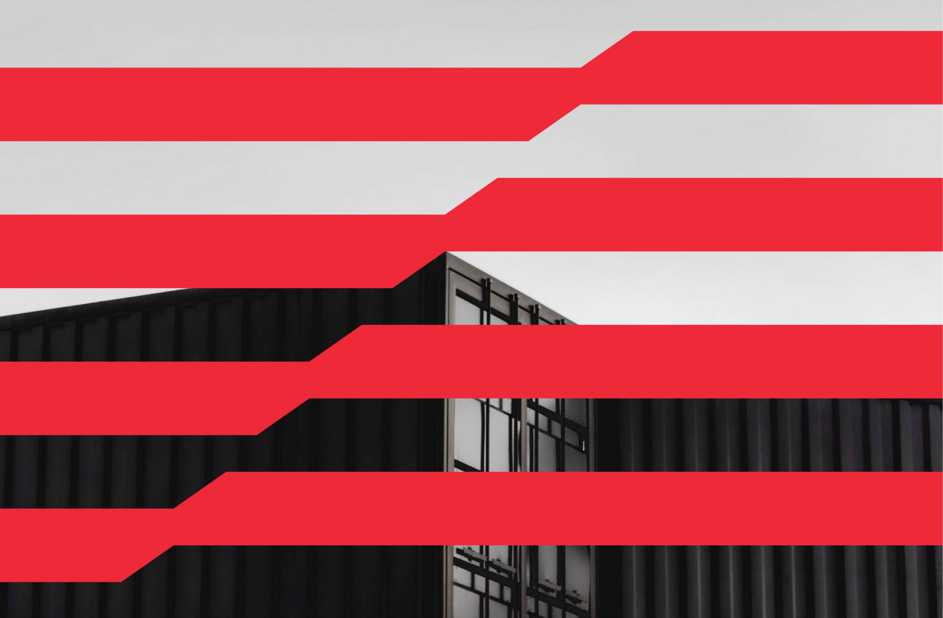 Modern architectural design with contrasting black and red elements on a minimalist facade.