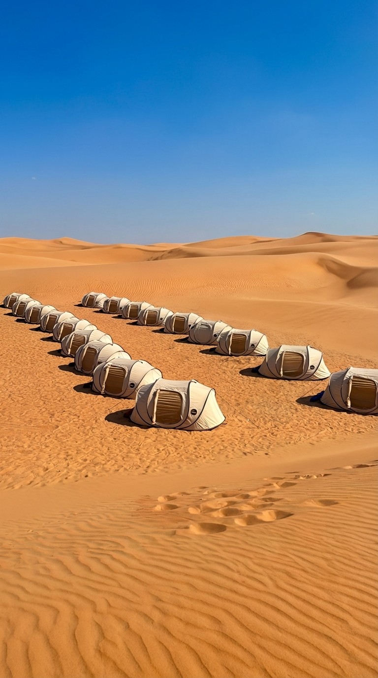Scenic glamping campsite with multiple bell tents set up in a rocky mountain valley at sunset, with a campfire and seating in the centre.