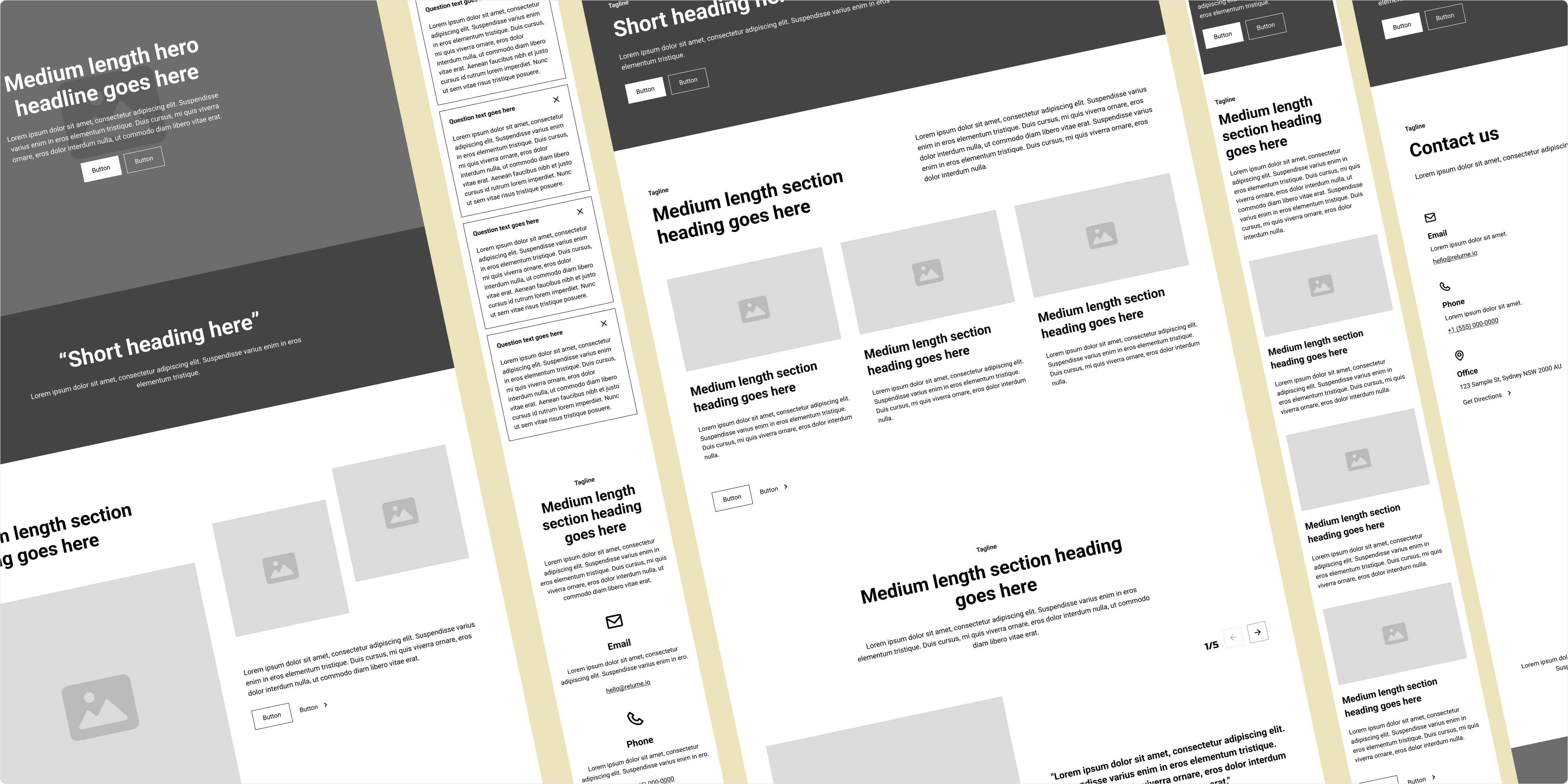 Low-fidelity wireframe of the homepage, featuring a mission statement and primary call-to-action buttons for volunteering and donations.