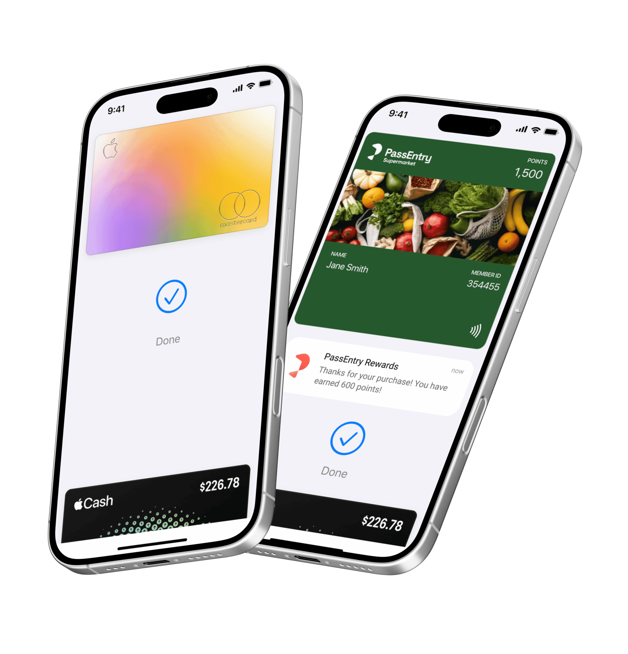 Two-step Apple Wallet payment and loyalty confirmation screens on iPhone
