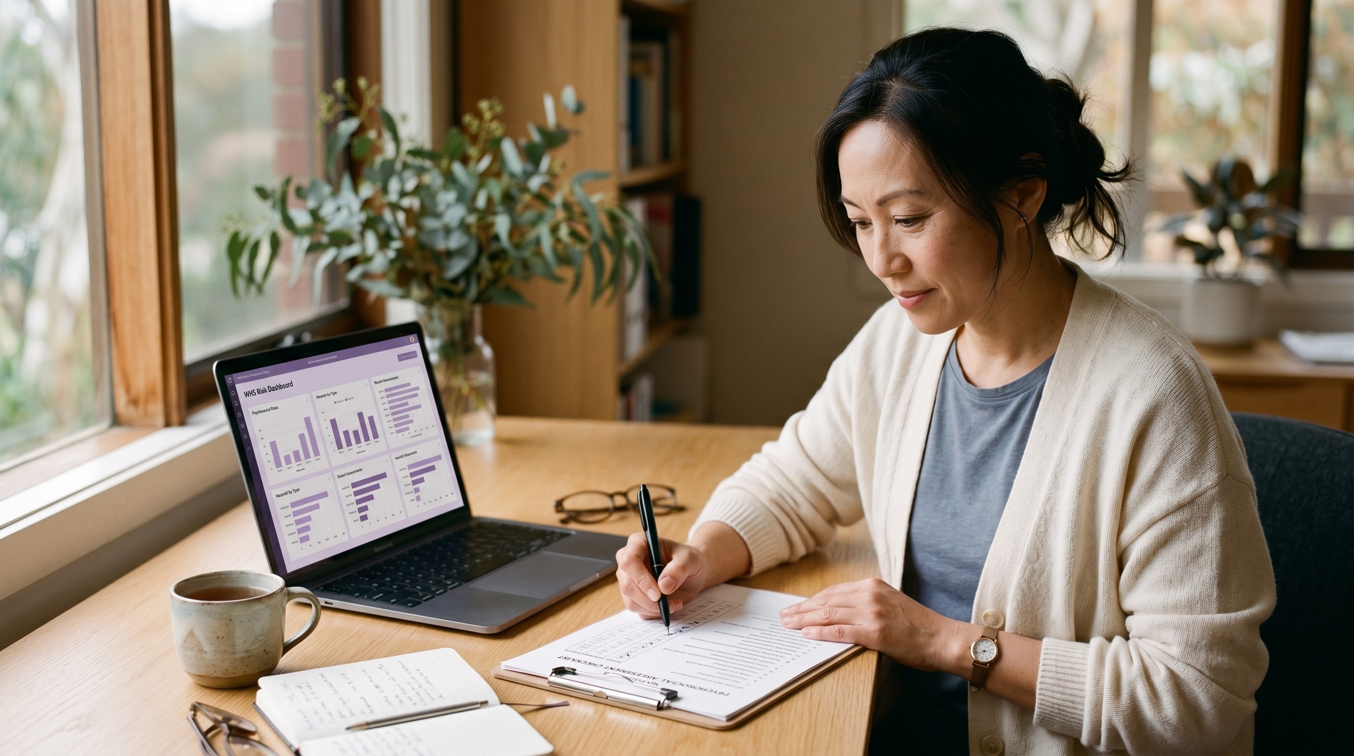 Professional editorial photograph for a B2B SaaS blog hero. A asian woman in her early forties, an Australian Work Health and Safety Manager, sits at a light timber desk in a calm office environment reviewing a printed psychosocial hazard assessment checklist on a clipboard in front of her. She holds a pen loosely in her right hand, having just ticked an item. Her expression is considered and focused — not stressed, not performing — the expression of someone who knows what she is looking at and is working through it methodically. She wears practical but professional clothing in soft neutral tones (a cream knit or a muted blouse, not a blazer, not overtly corporate). The scene captures the feeling of quiet competence.
