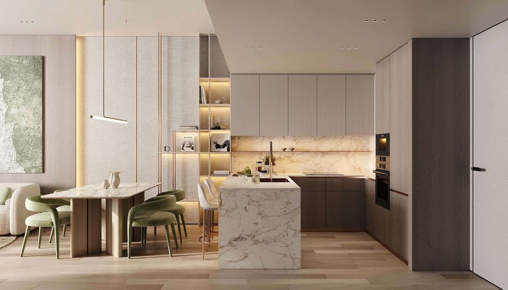 Modern kitchen and dining area in a contemporary apartment, featuring sleek design and stylish furnishings. Cove edition 6.