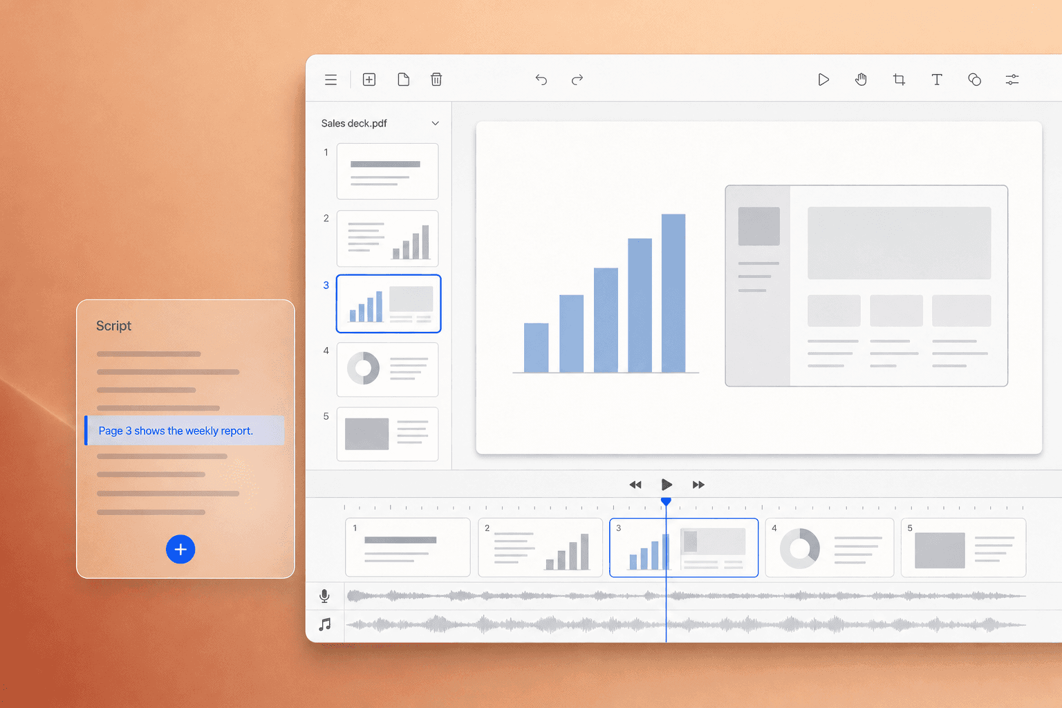 Illustration of a PDF sales deck in Clevera's video editor: each page becomes a scene on the timeline, with its own script line