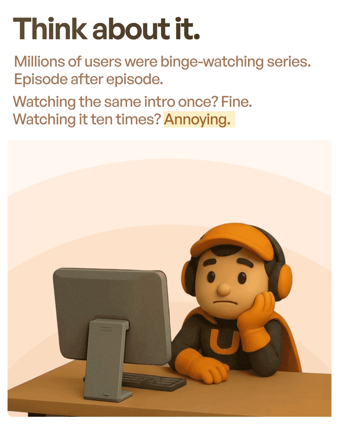 Upslide Mascot seeing somthing on computer